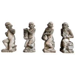 19th Century Limestone Statue "The 4 Monkeys" From Italy - 4 Statues