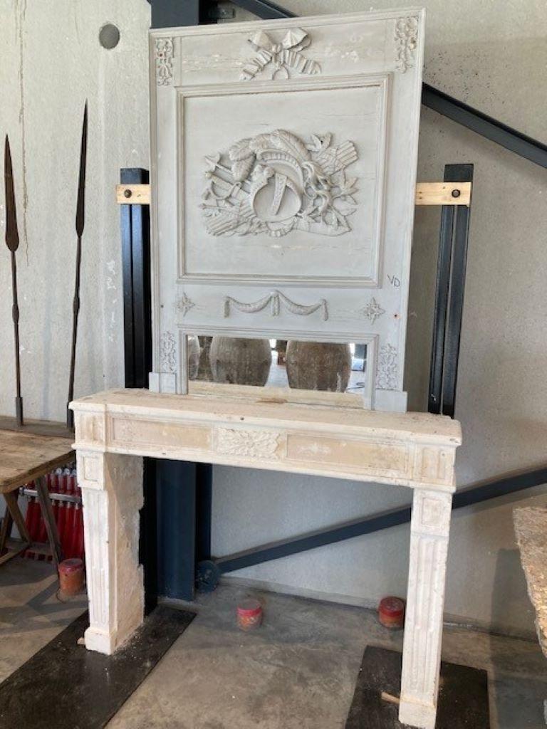 French Limestone Trumeau Fireplace Mantel, with Mirror. You can also buy this piece without the trumeau if you like.
Inside dimensions of the fireplace : 118cm wide & 90cm high
Total height with trumeau : 248cm