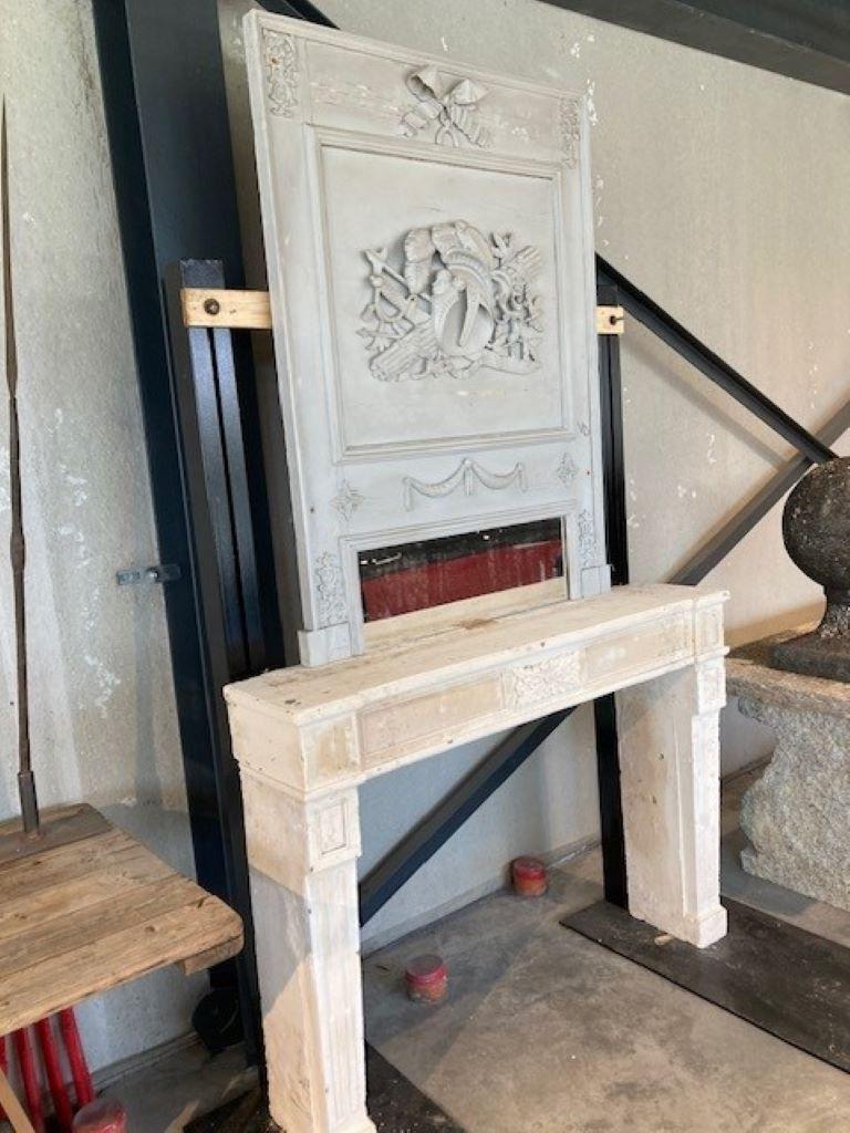 French Limestone Trumeau Fireplace Mantel with Mirror For Sale