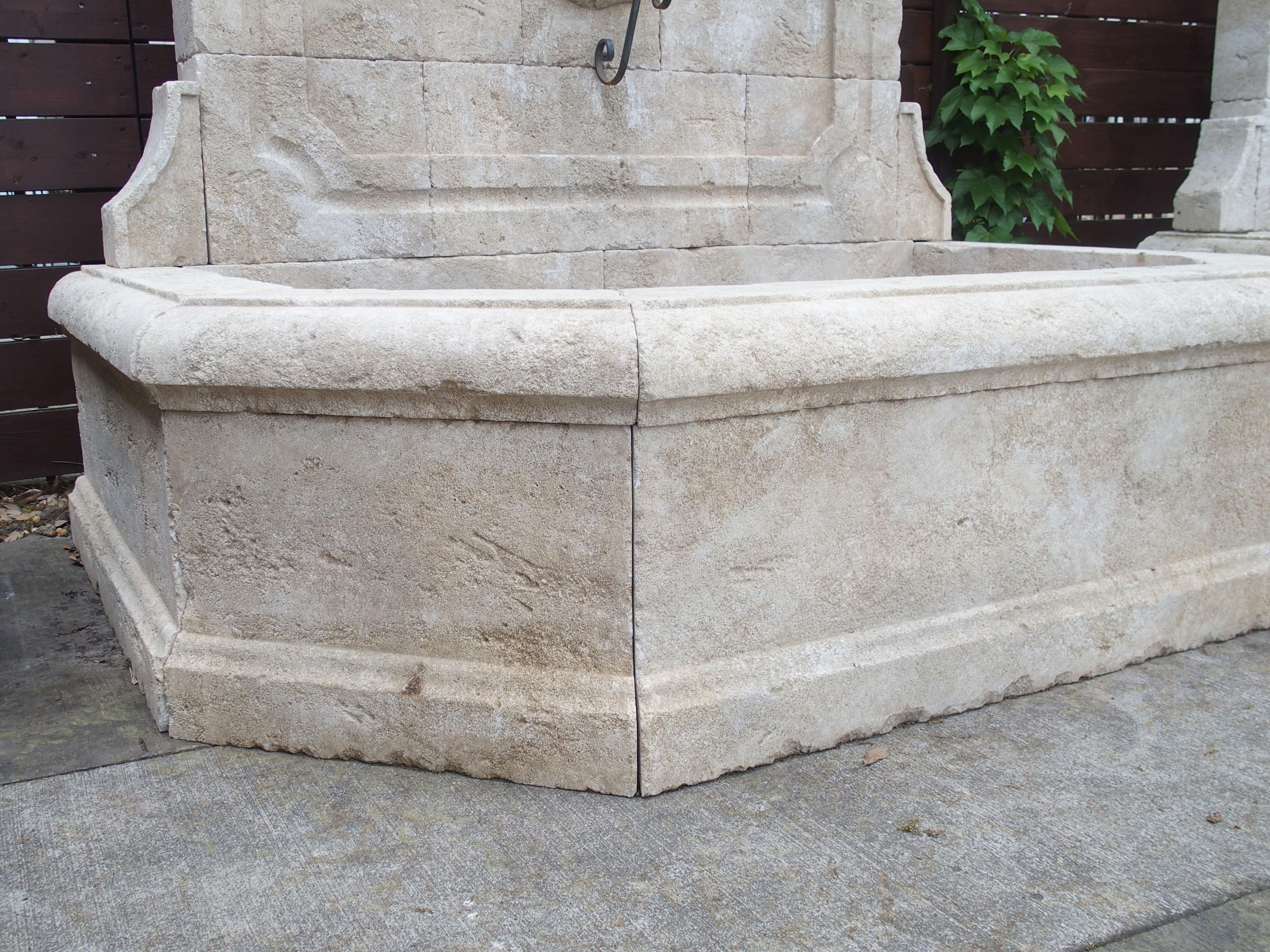 Hand-Carved Limestone Wall Fountain with Carved Stone Backplate from Provence, France