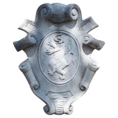 Limestone Wall Plaque with Rampant Lion and Carved Scrolls