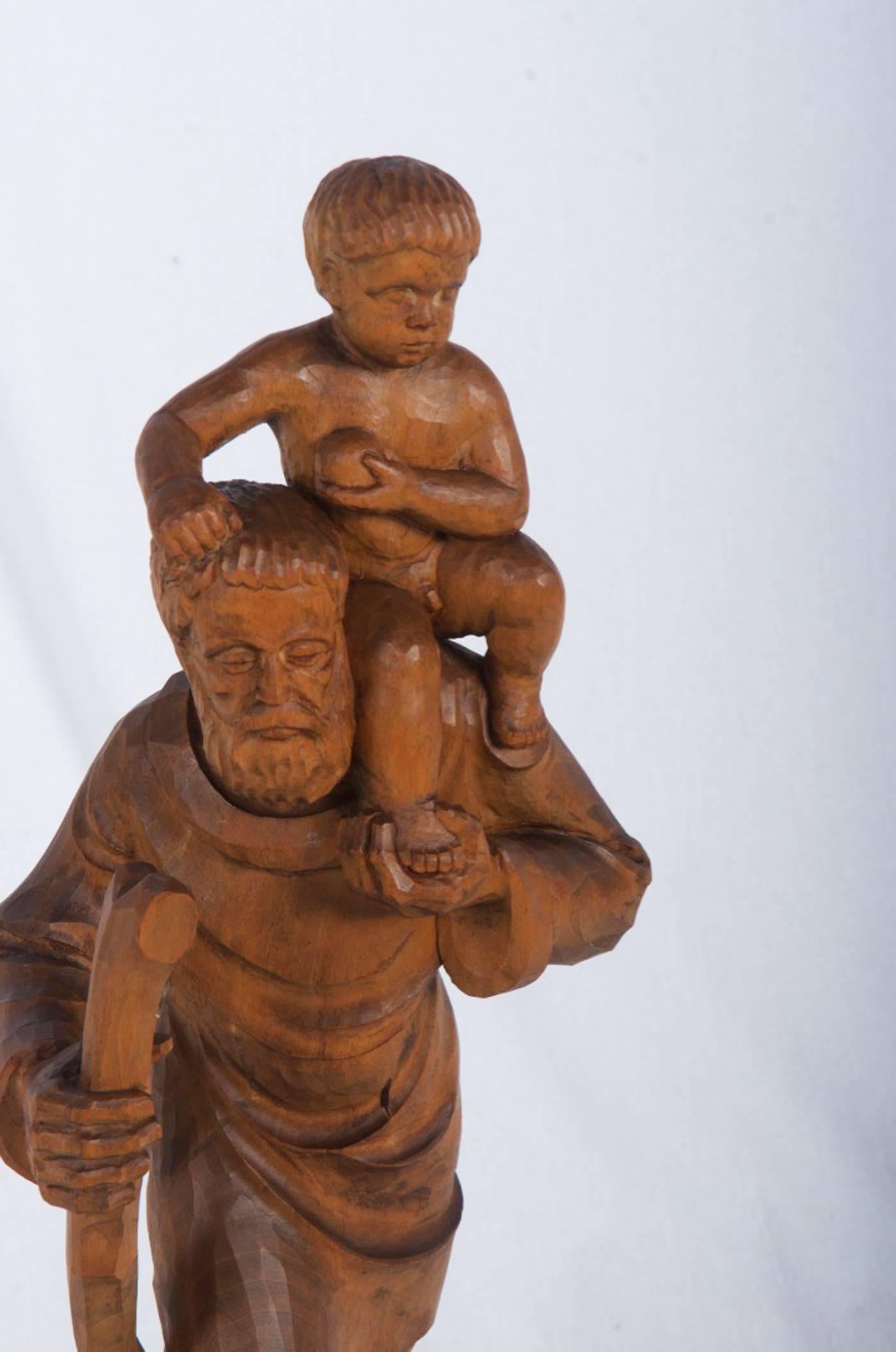 Mid-20th Century Limewood Sculpture Holy Christophorus For Sale