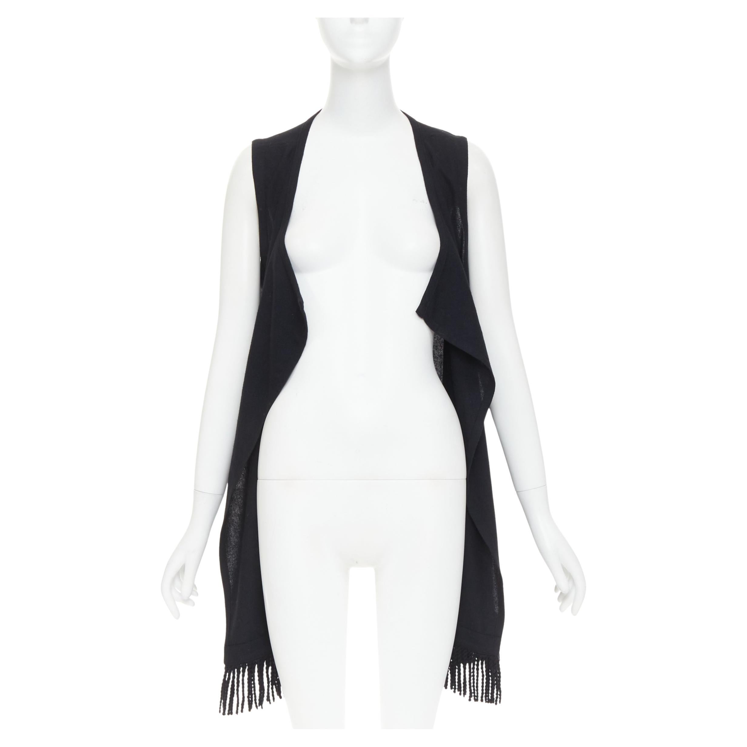 LIMI FEU black wool blend fringe hem open front draped long vest For Sale