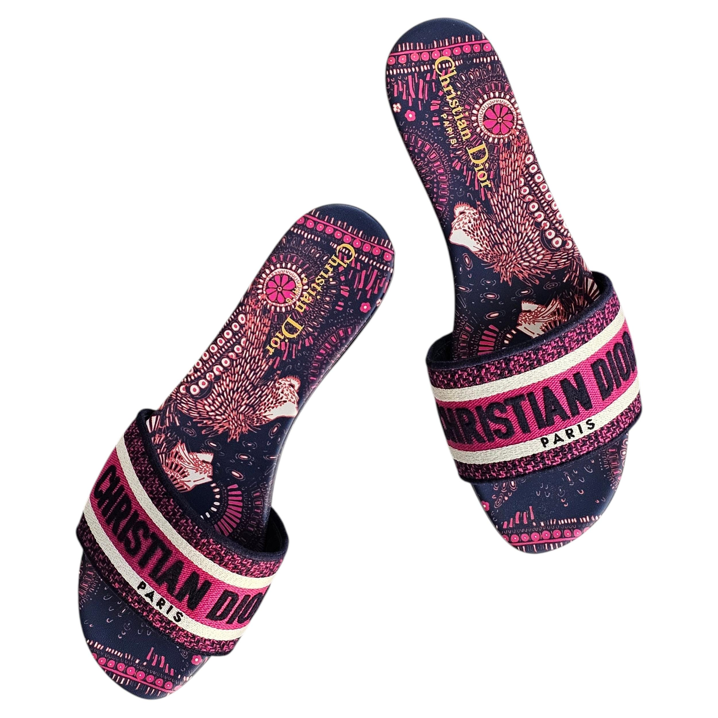 Limited Christian Dior Dway Slides Toile de Jouy Animals Pink Navy Box Set 39 9