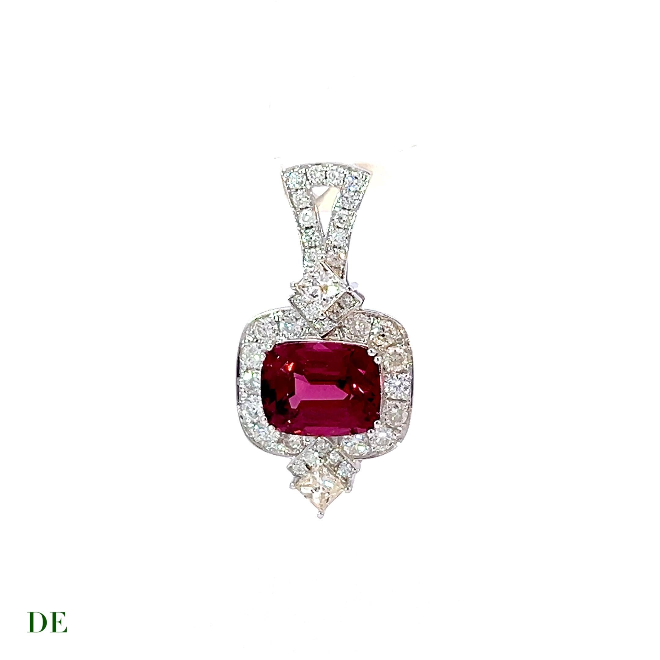 Women's or Men's Limited Classic 14k Gold 2.47 ct red burgundy tourmaline .76 ct Diamond Pendant For Sale