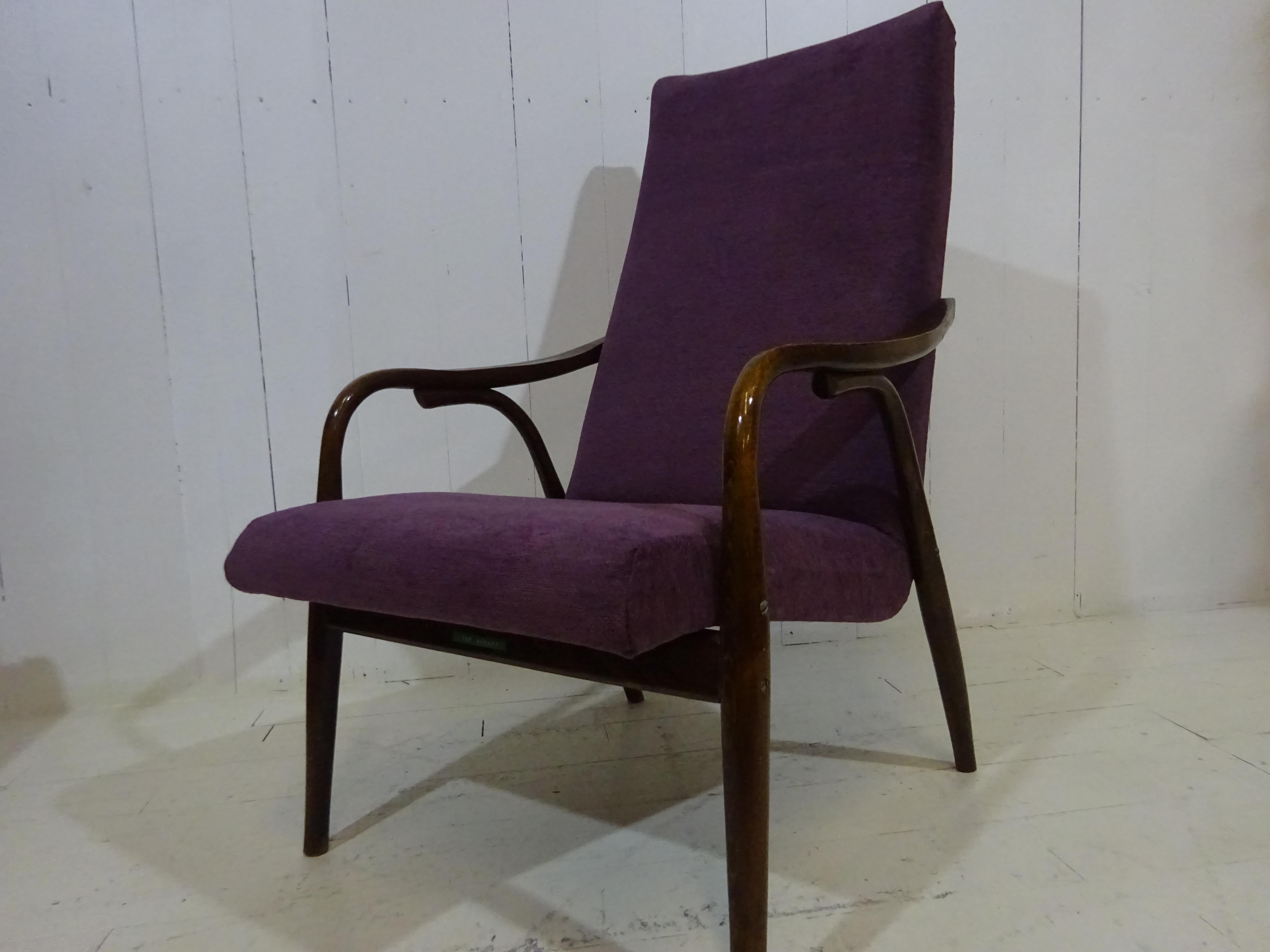 Limited Edition 1960's Bentwood Lounge Chair in Purple Chenille by Ton 3