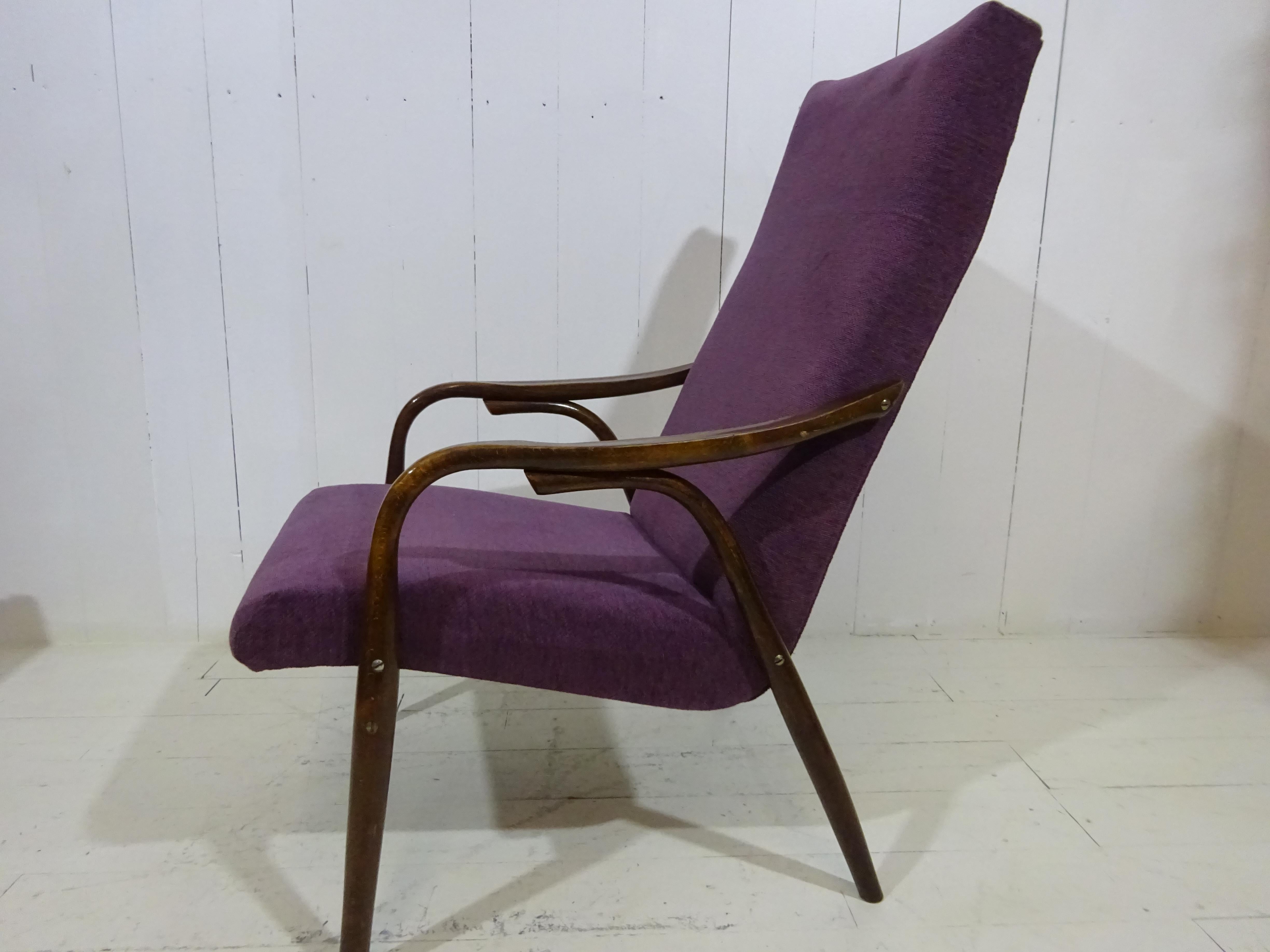 Limited Edition 1960's Bentwood Lounge Chair in Purple Chenille by Ton 4