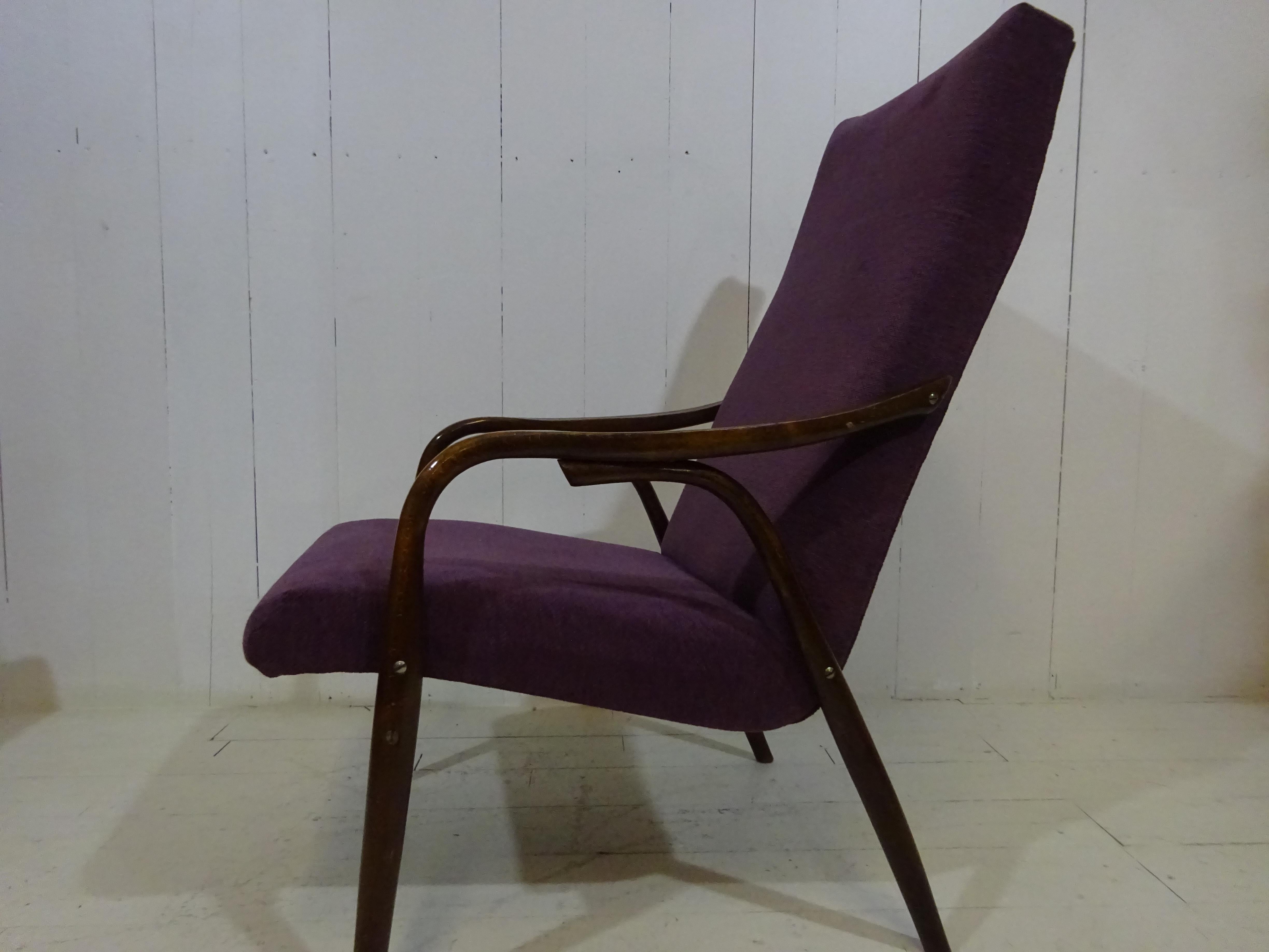 Limited Edition 1960's Bentwood Lounge Chair in Purple Chenille by Ton 5