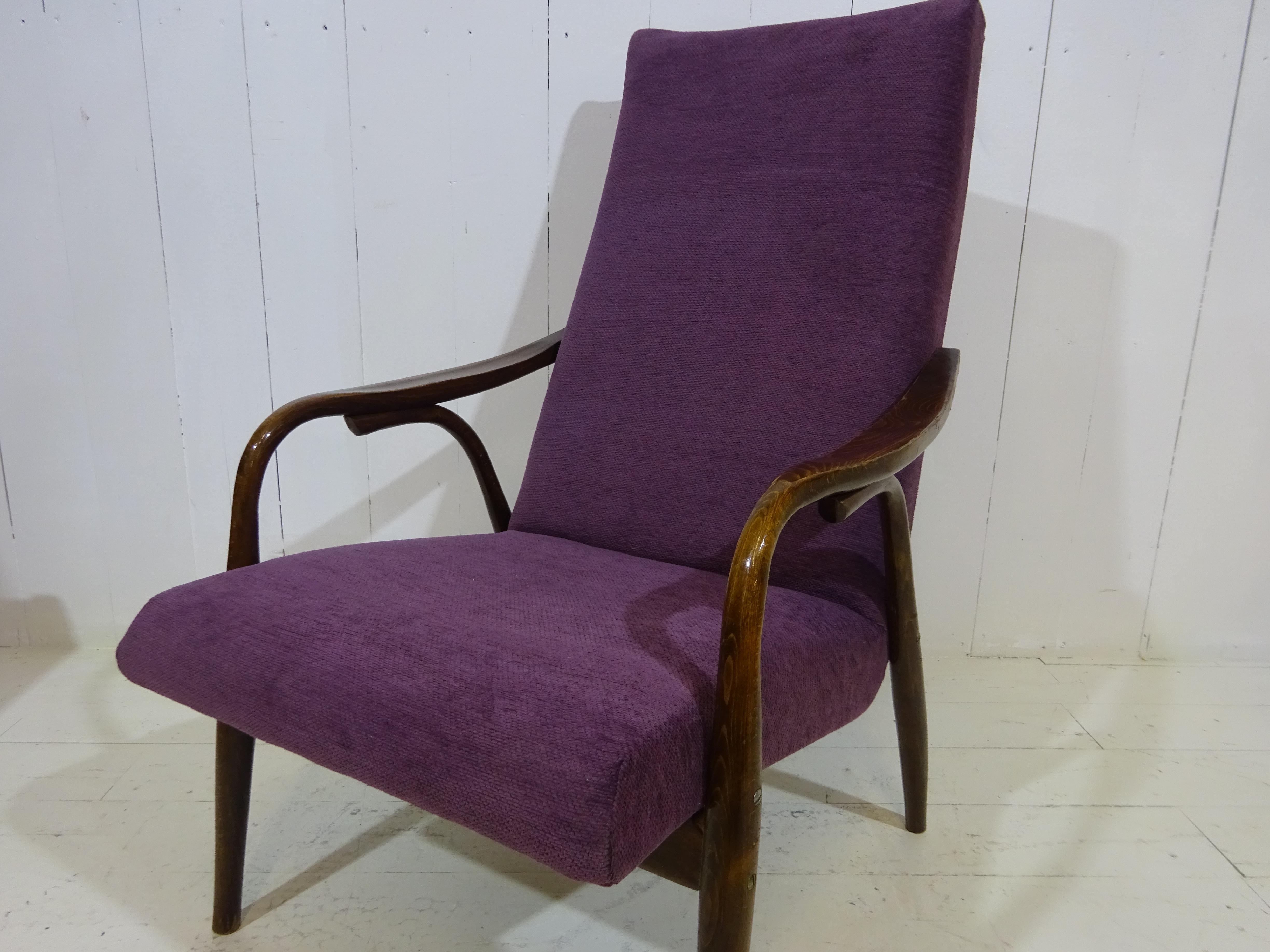 Limited Edition 1960's Bentwood Lounge Chair in Purple Chenille by Ton 6