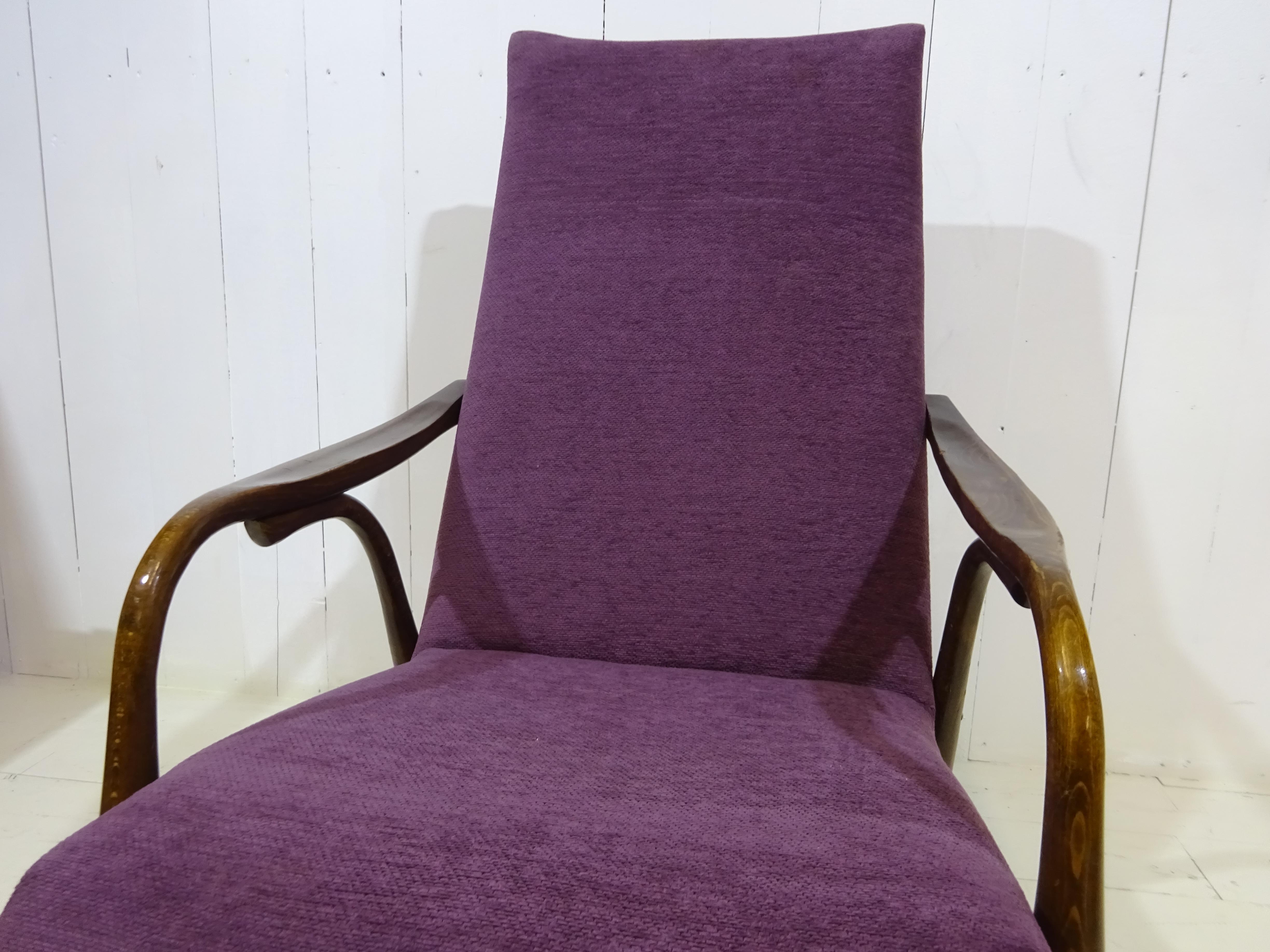 Czech Limited Edition 1960's Bentwood Lounge Chair in Purple Chenille by Ton