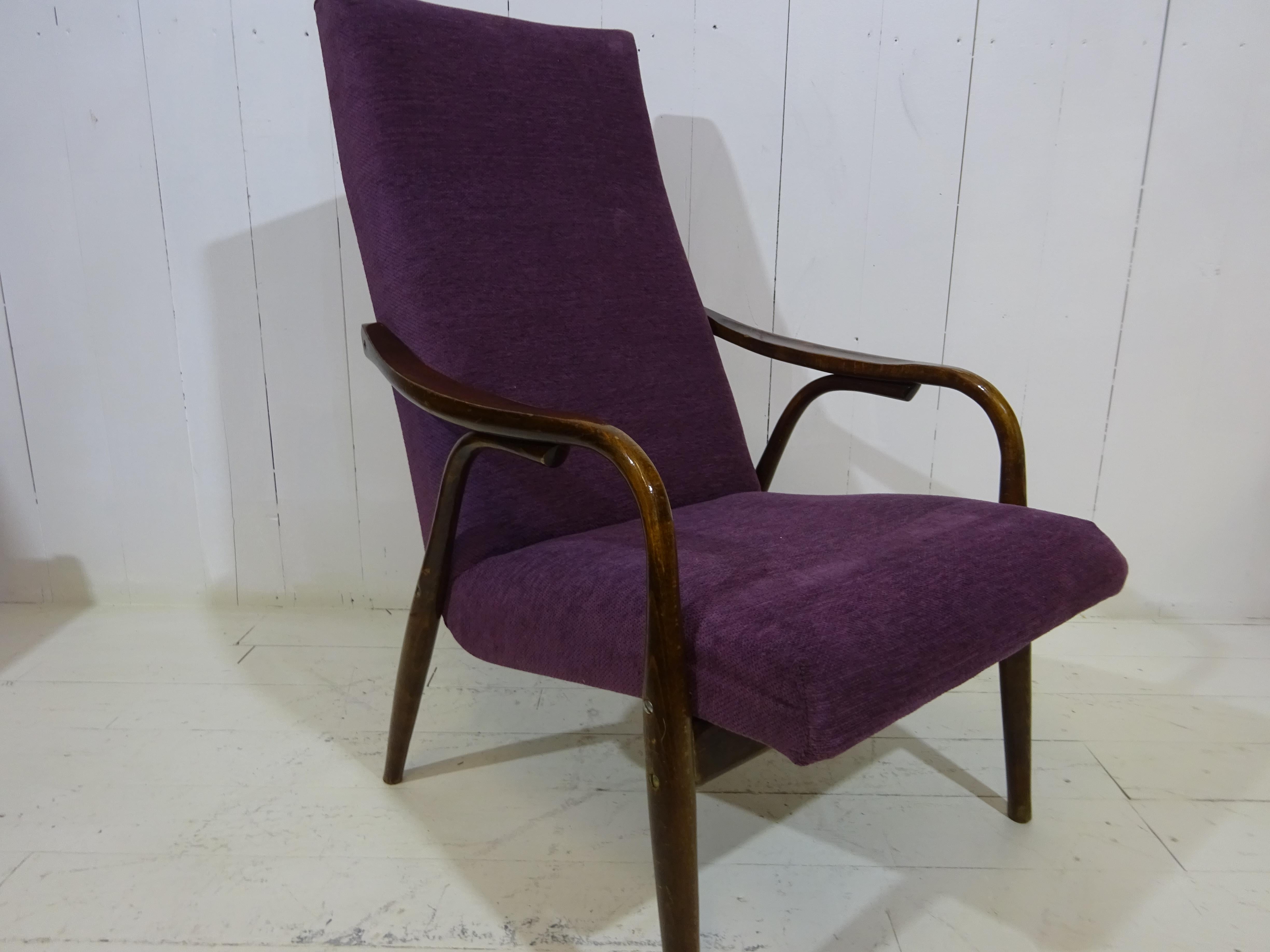 Hand-Crafted Limited Edition 1960's Bentwood Lounge Chair in Purple Chenille by Ton