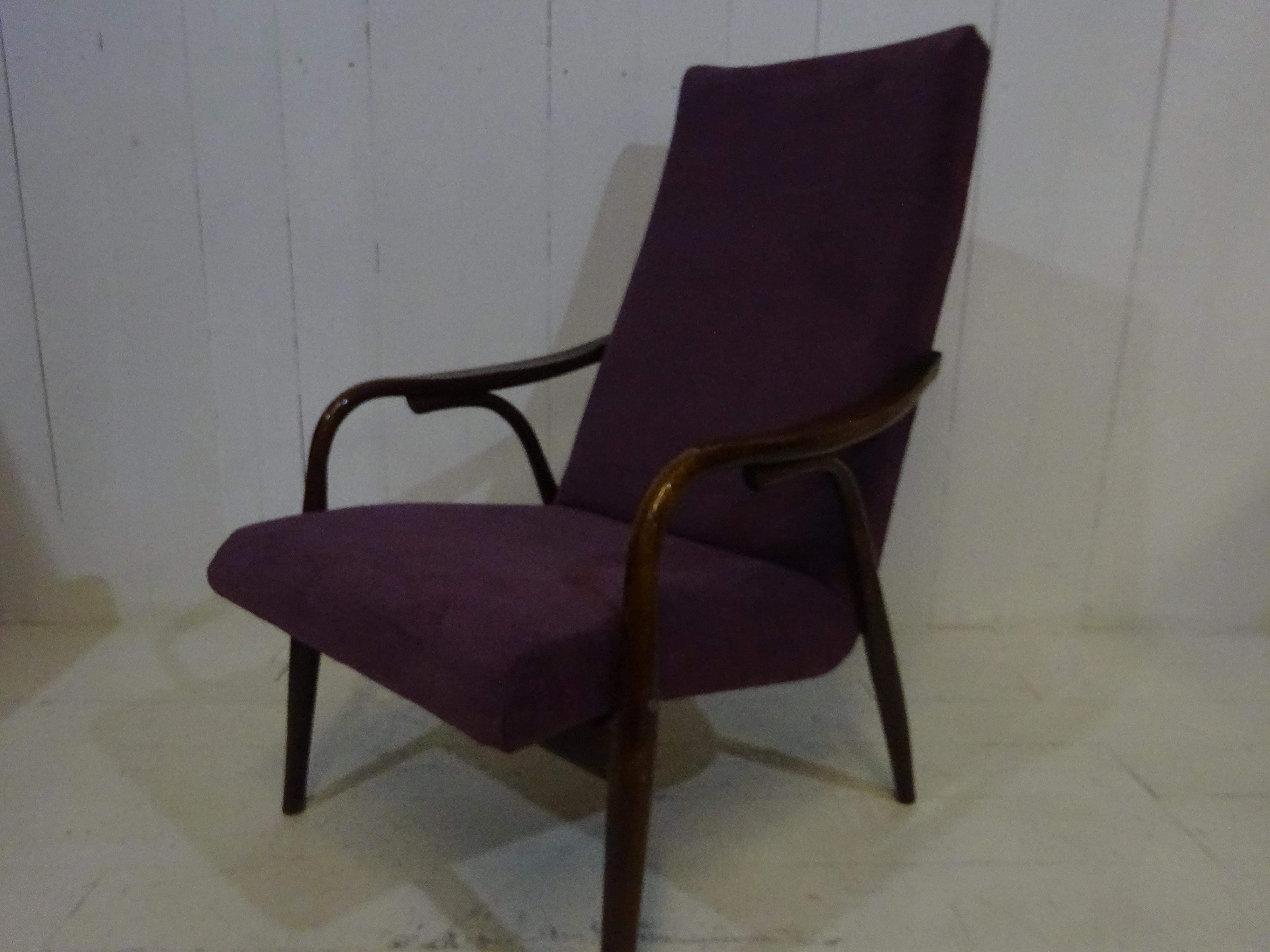 Abalone Limited Edition 1960's Bentwood Lounge Chair in Purple Chenille by Ton