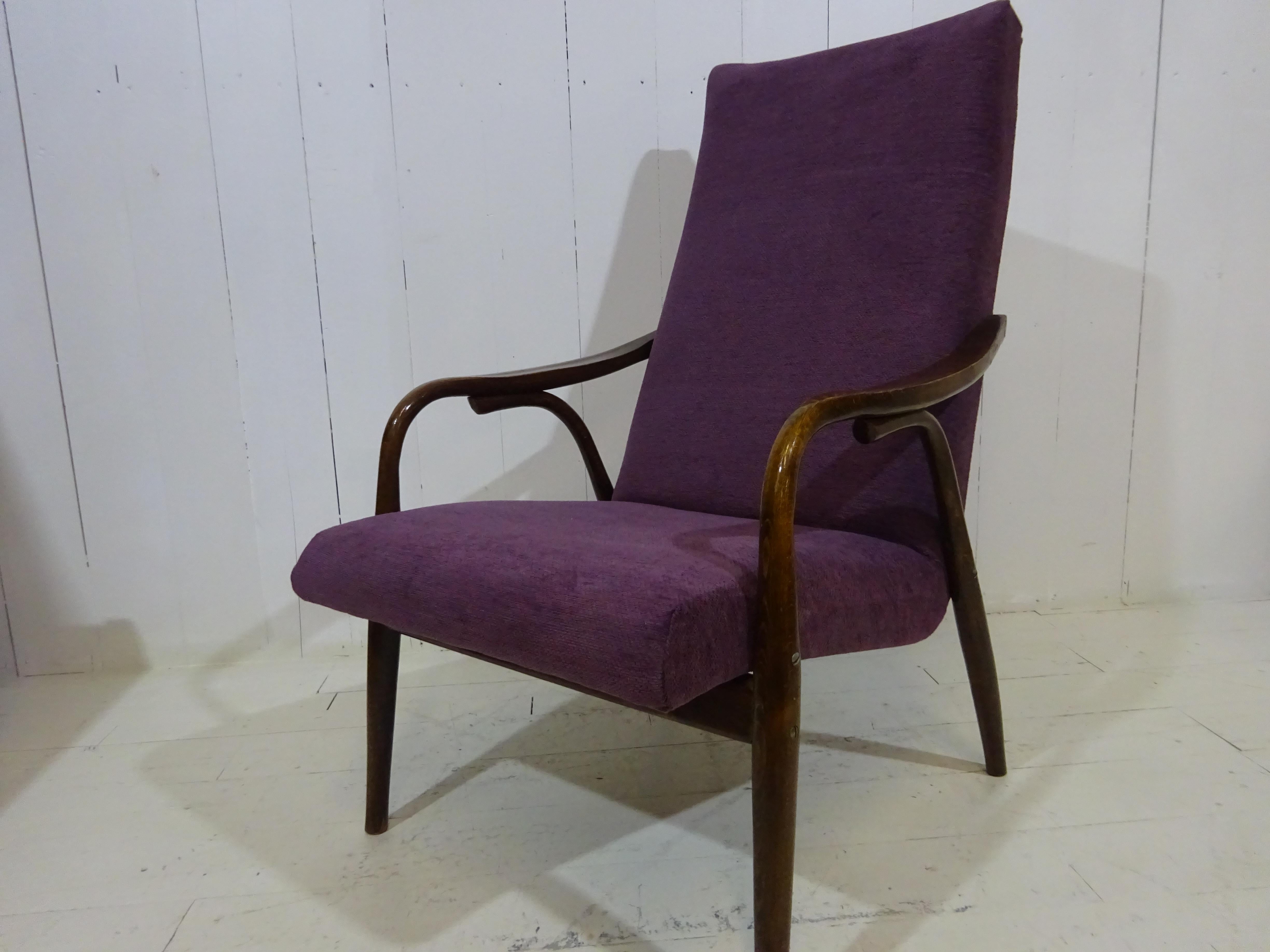 Limited Edition 1960's Bentwood Lounge Chair in Purple Chenille by Ton 1
