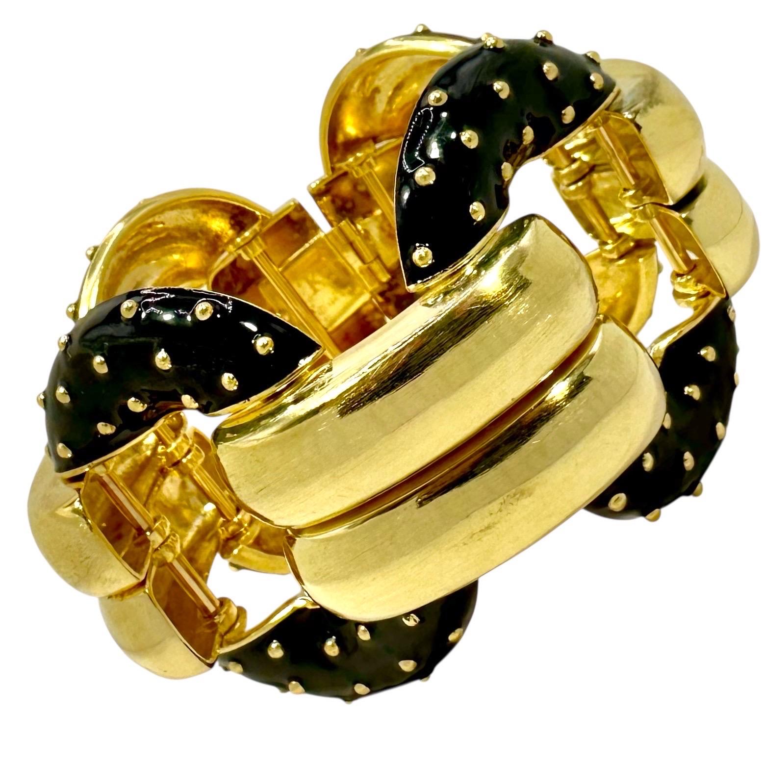 Limited Edition, 2 Inch Wide, Dramatic, Gold and Black Enamel Link Bracelet For Sale