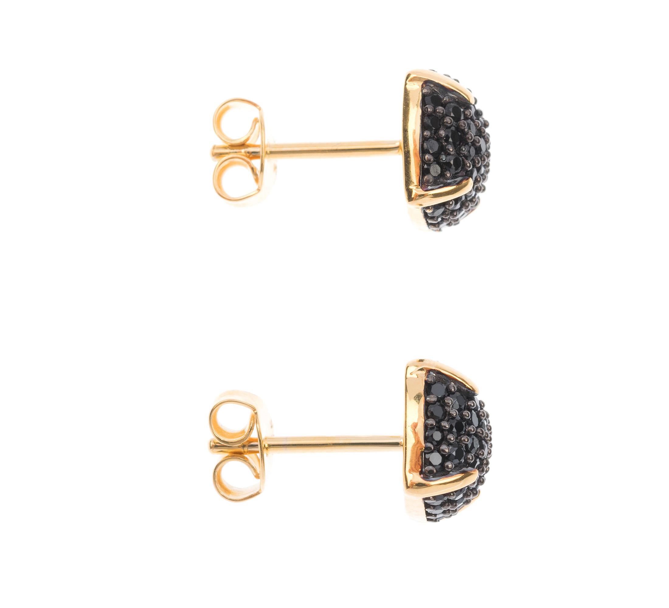 These fabulous pair limited edition earrings, each designed as a cluster of black spinels, sittings beautifully within the yellow gold setting.

The trendy combination of black and gold creates, an elegant and fashion-forward finish... that is