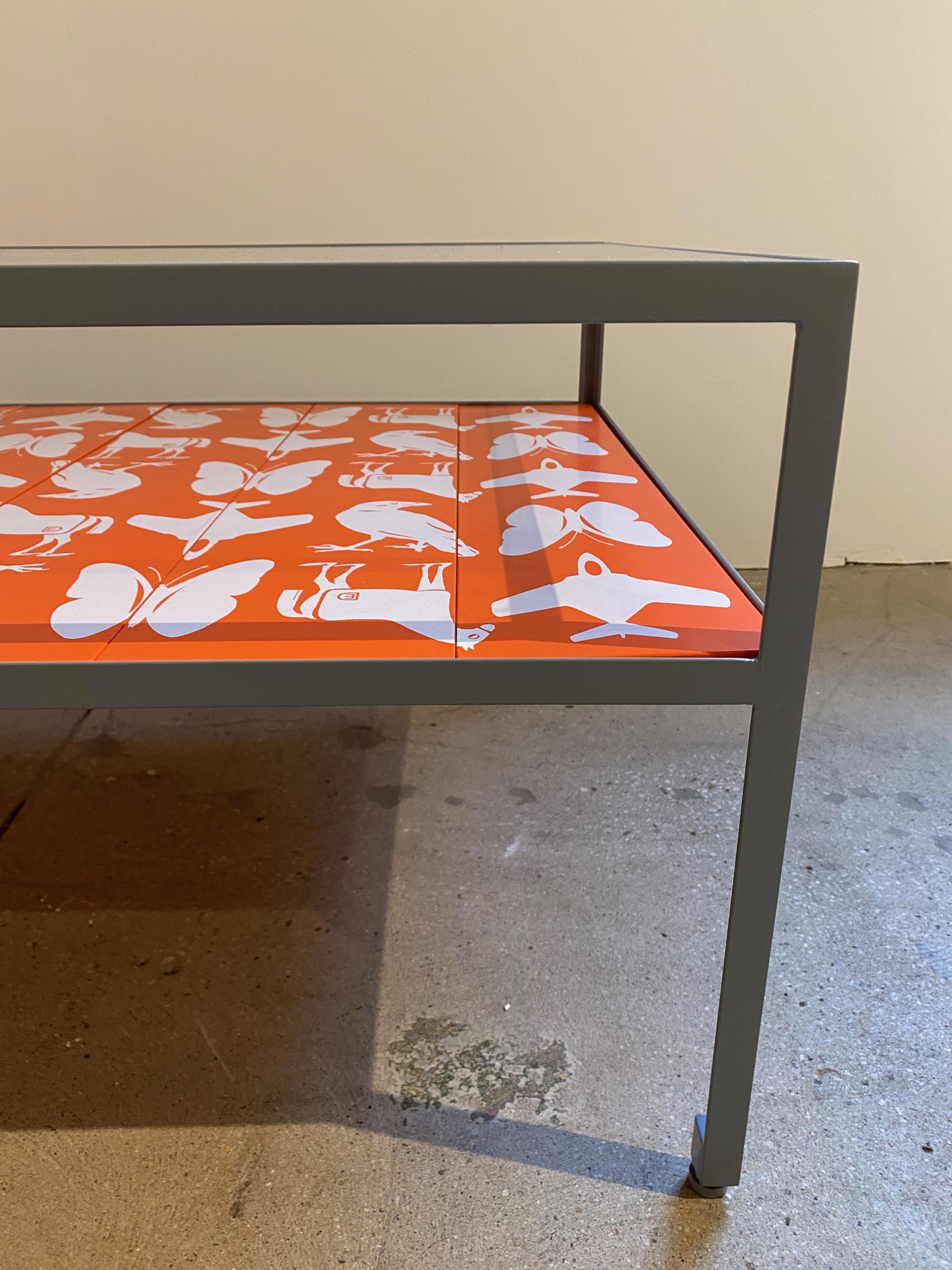 American Limited Edition Angle Steel Coffee Table with Dylan Egon Screen Printed Slats For Sale