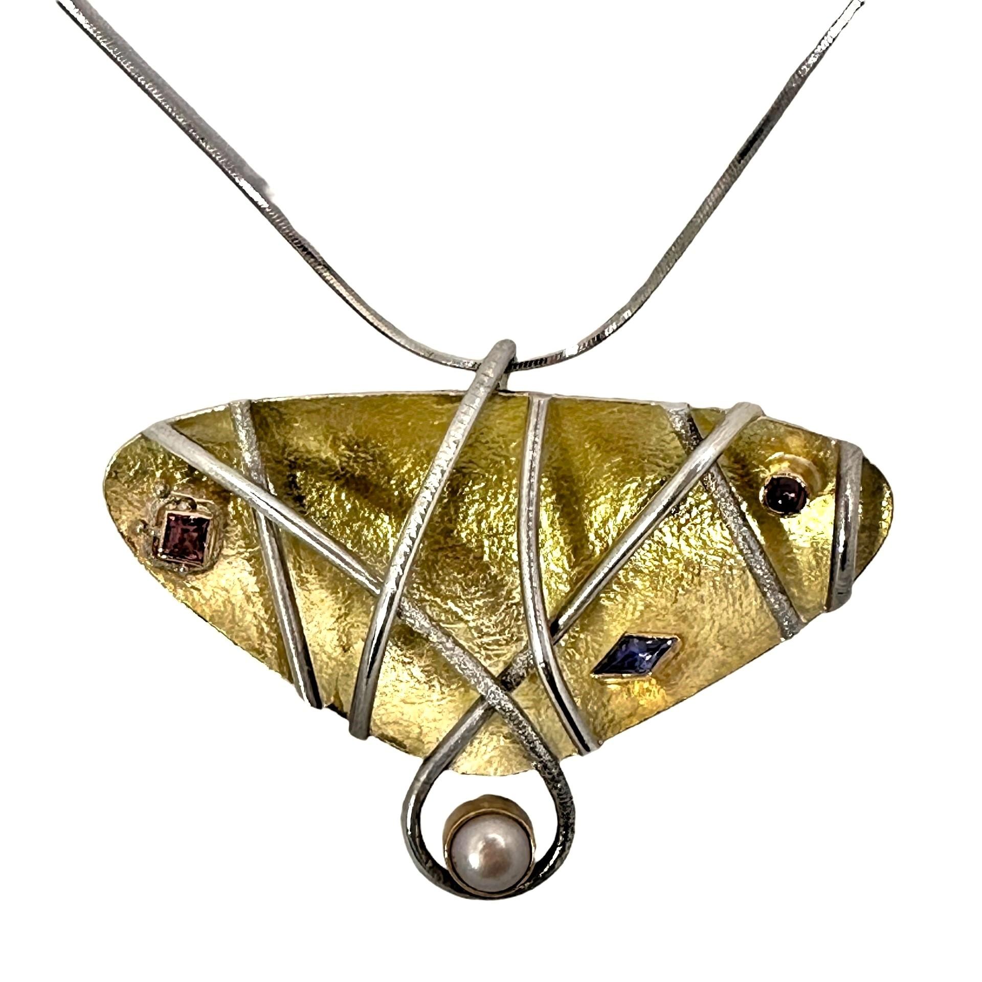 Limited Edition Artisan Modernist Pendant In Silver with 22k Gold Vermiel  For Sale 1