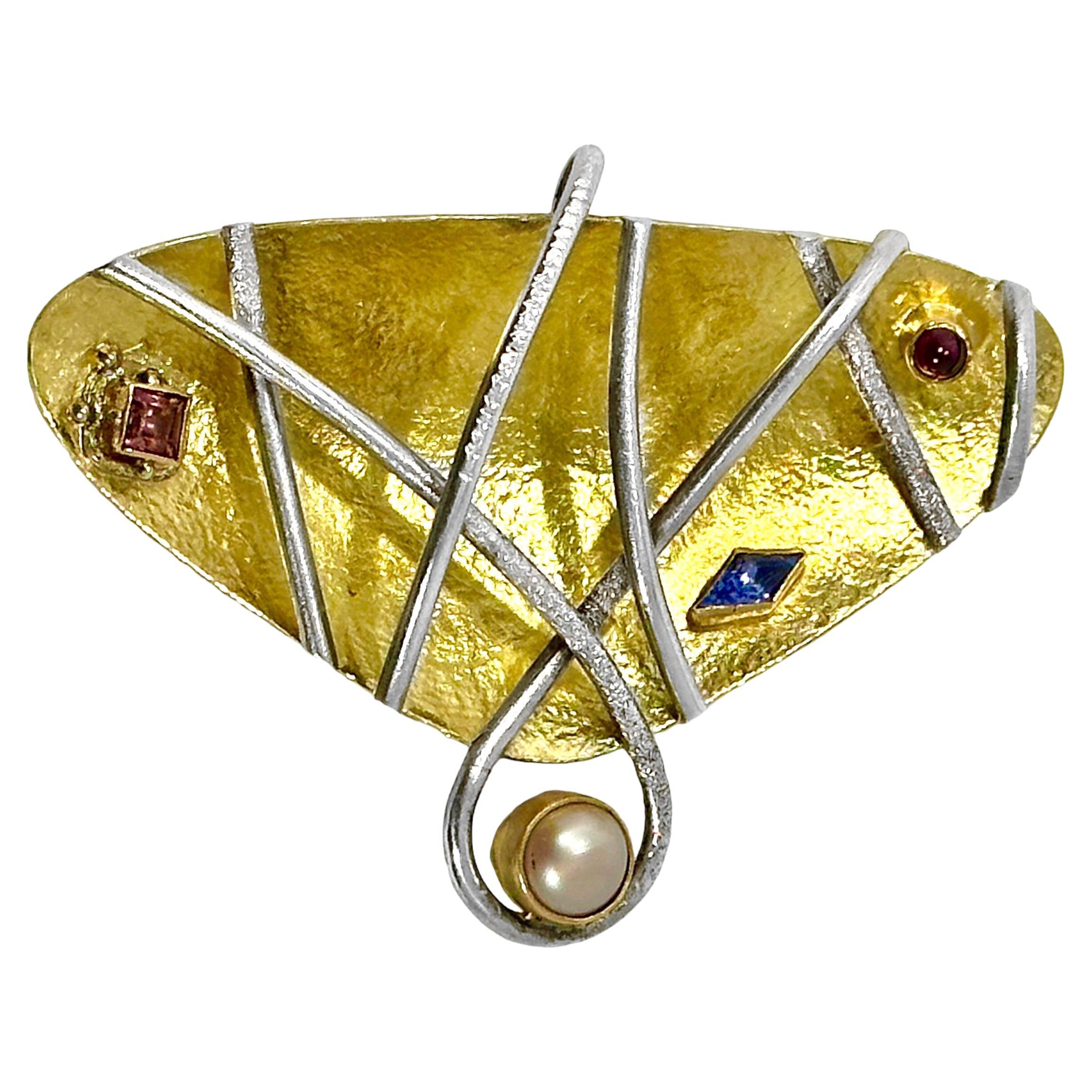 Limited Edition Artisan Modernist Pendant In Silver with 22k Gold Vermiel  For Sale