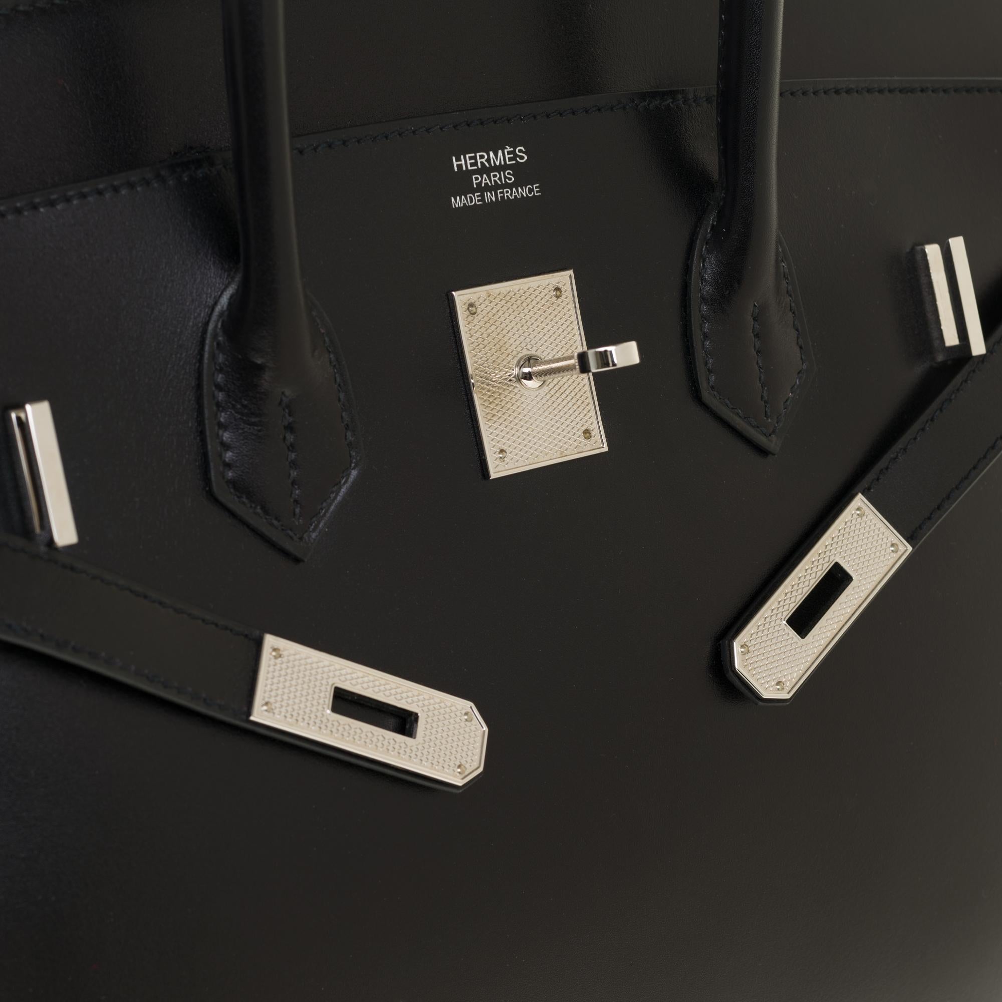 Limited Edition Black Calf Box Leather Birkin 35, Guilloché Palladium Hardware In Good Condition In Paris, IDF