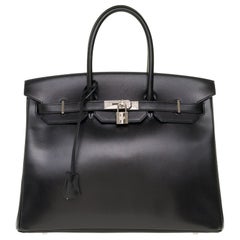 Limitierte Auflage Birkin 35 aus schwarzem Kalbsboxleder:: Guilloché Palladium Hardware