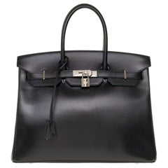 Hermes Black Box Calf Birkin 35 W/Guilloche Hardware Auction