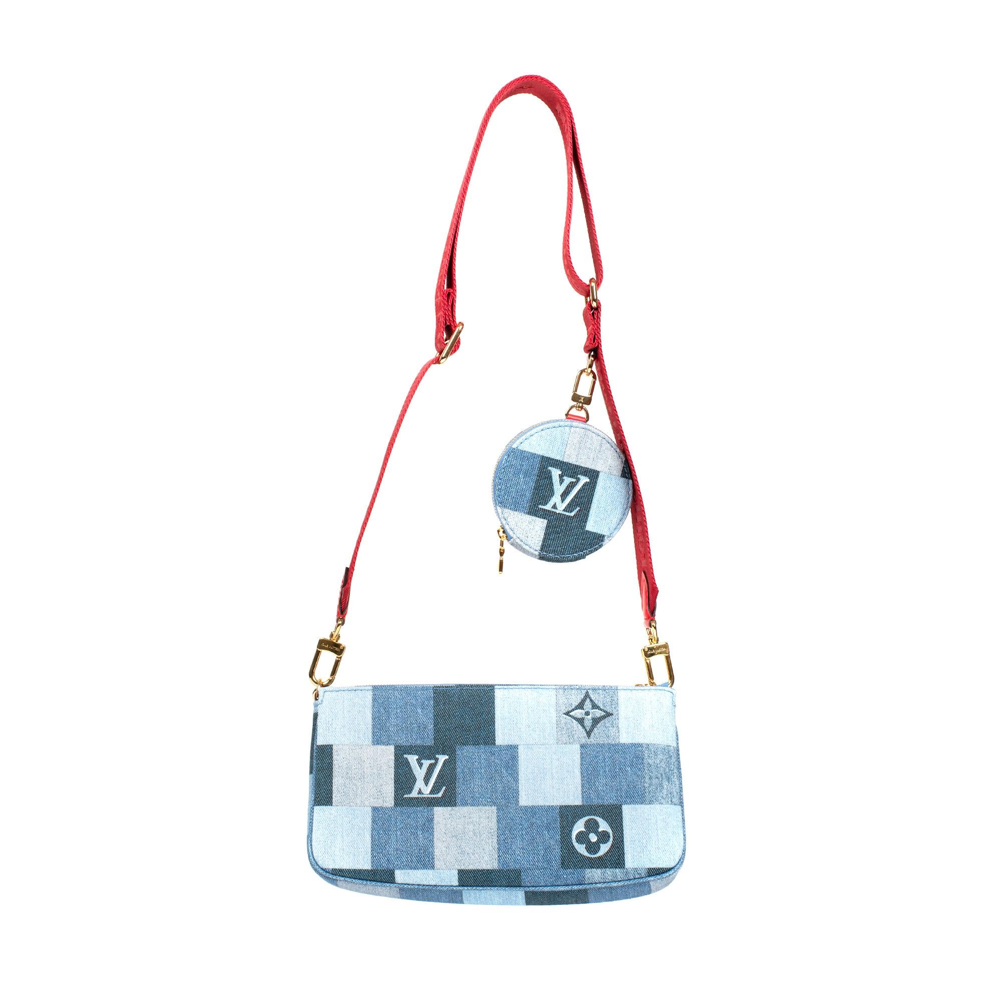 SOLD OUT- Limited Edition .

This Multi-pouch Accessories consists of a bag, a pouch and a round coin purse. The printed fabric parts of a patchwork of Checkerboard and Monogram motifs are detachable and connected to a red jacquard shoulder strap.