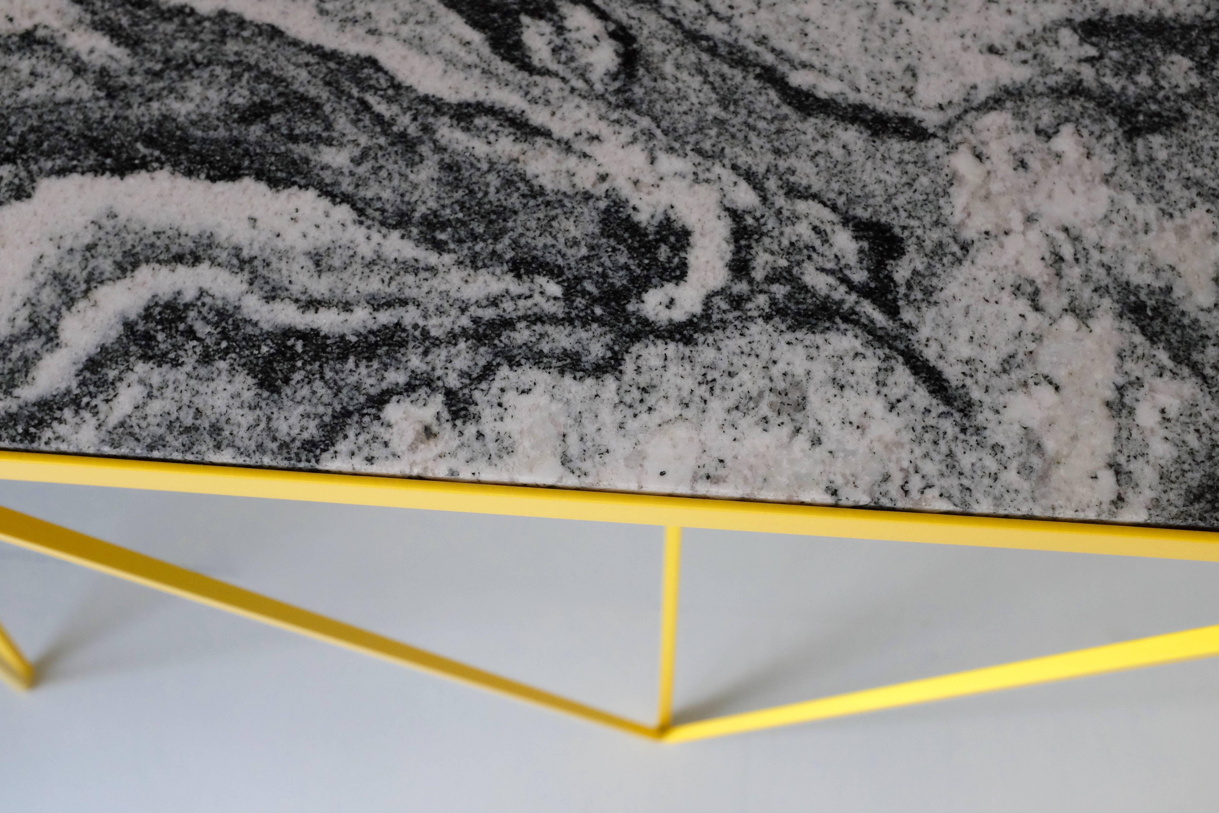 Polished Yellow Modern Steel Console Table with Granite Top - Customizable For Sale