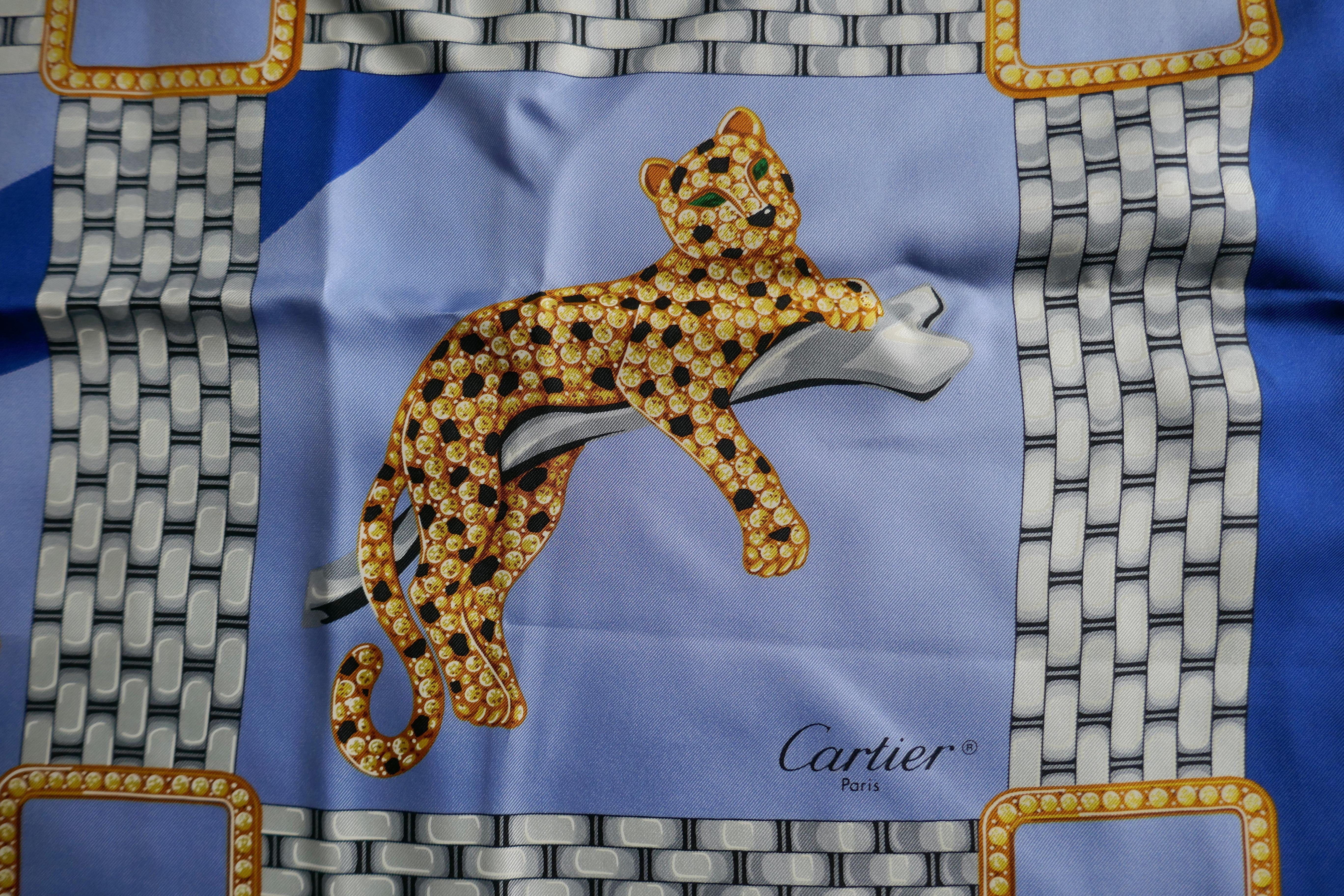 Limited Edition Cartier Vintage Silk Scarf “Leopard Panthers” 1970s Unused In Good Condition For Sale In Chillerton, Isle of Wight
