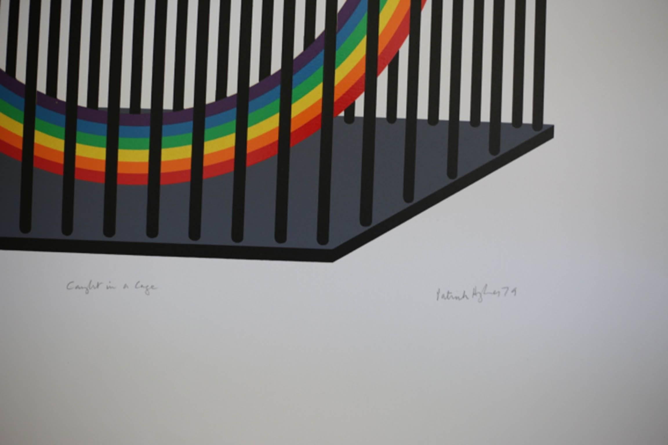 Artist: Patrick Hughes, British (1939)
Title: Caught in a Cage
Year: 1979
Medium: Silkscreen, signed and numbered in pencil #2/10
Image size: 19