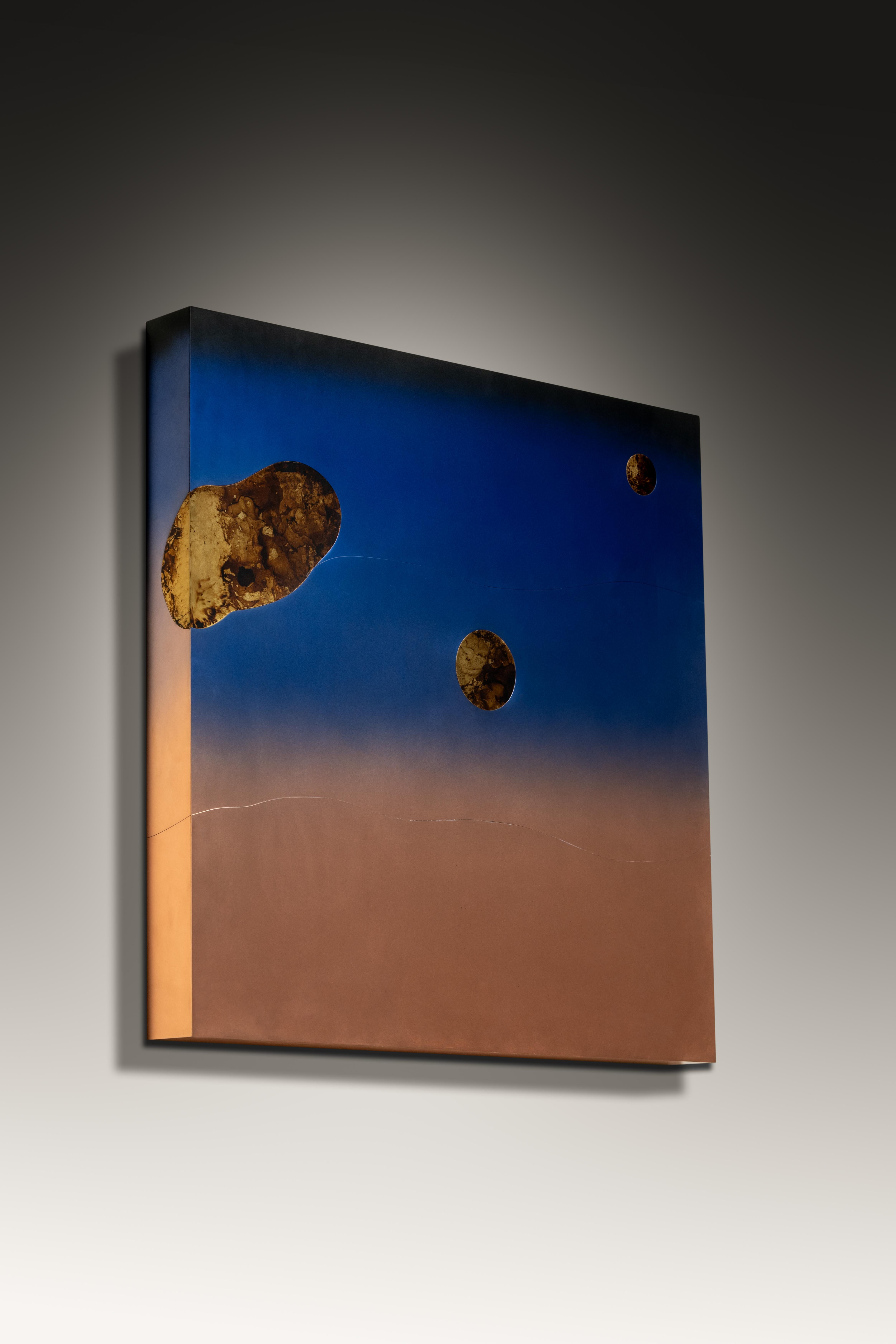 Celestial beings on a calm sea of the universe awakens peace and wellbeing in one's consciousness. Celestial Wall Art II is achieved with gentle contrasts in organic textures and colours of brass and copper. Art for the soul.
The wall art is made