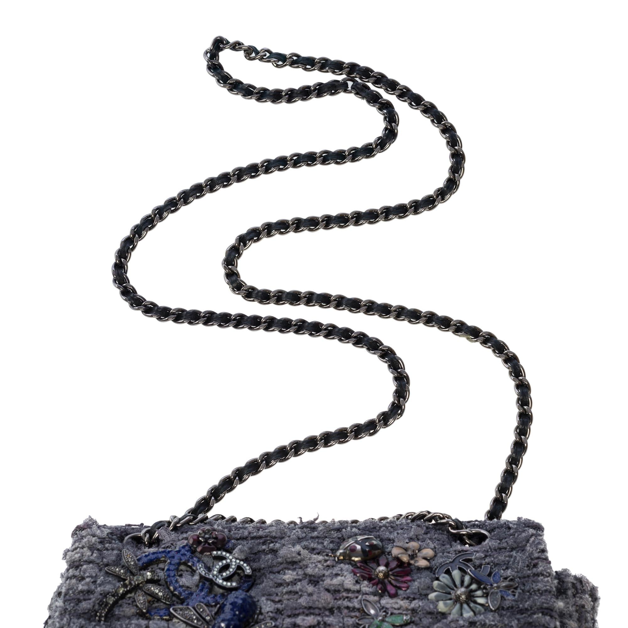 Limited edition Chanel 2.55 Mini flap shoulder bag in grey&black Tweed,  SHW 5