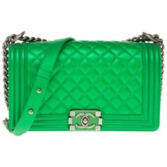 LIMITED EDITION Chanel Boy Old medium handbag in green quilted  leather, SHW !