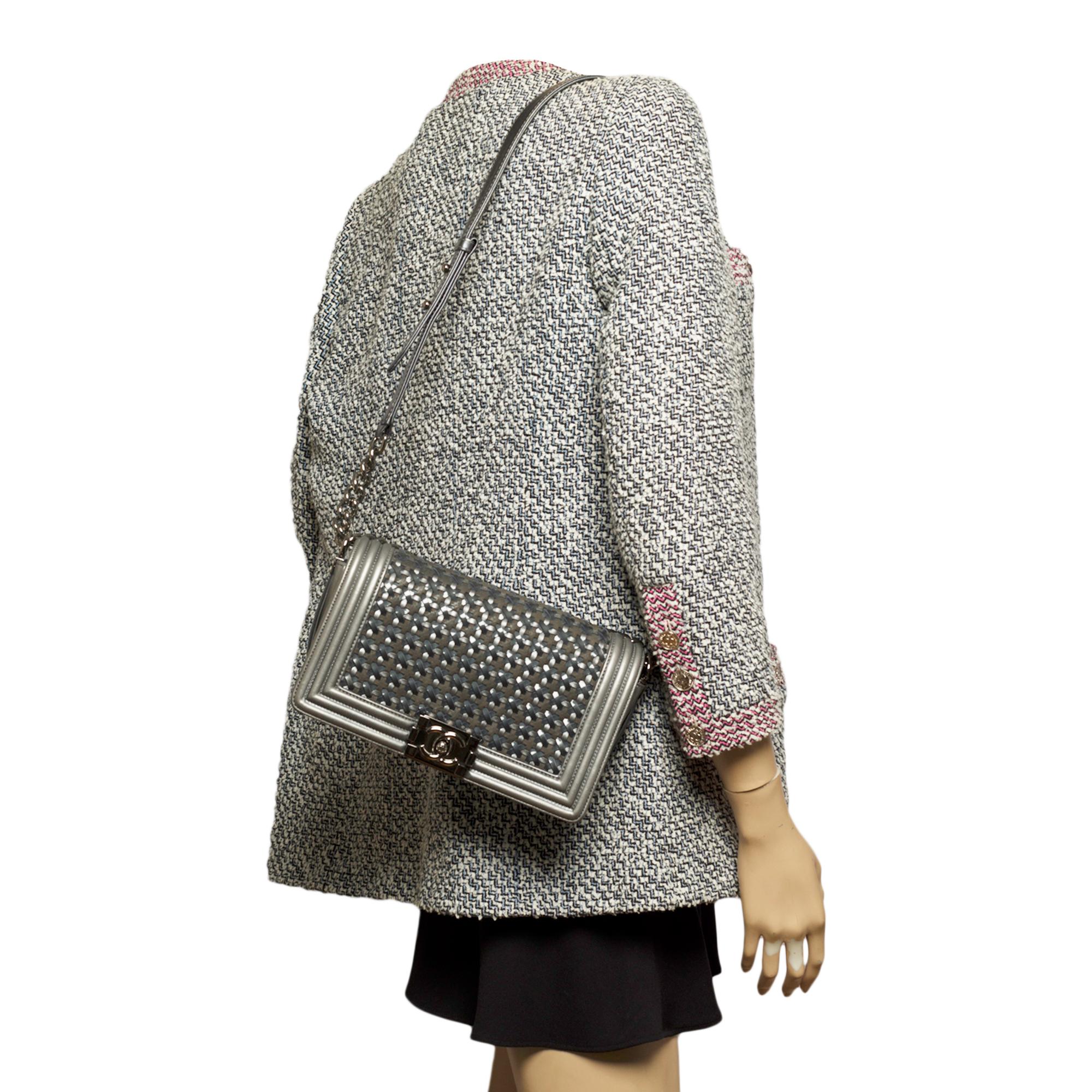 Limited Edition Chanel Boy Old medium shoulder bag in Grey braided leather, SHW 4