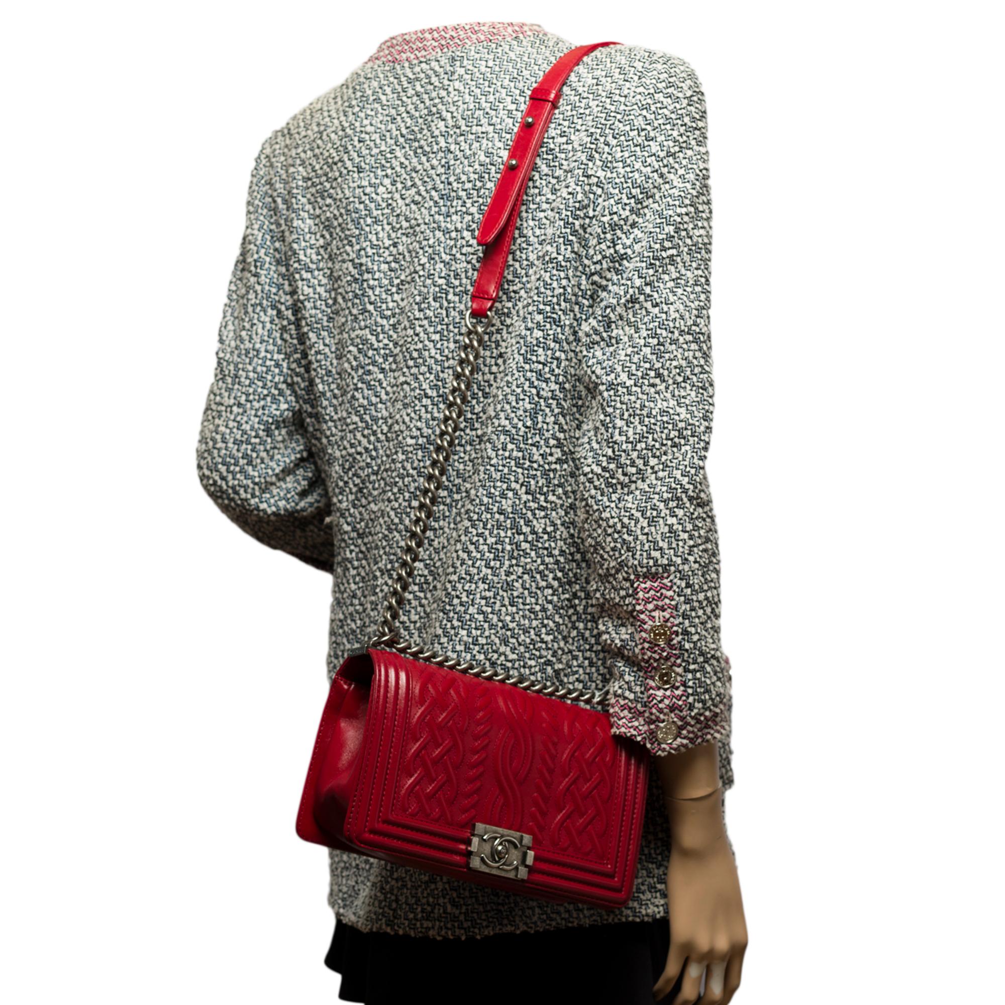 Limited Edition Chanel Boy Old medium shoulder bag in red embossed leather, SHW 5