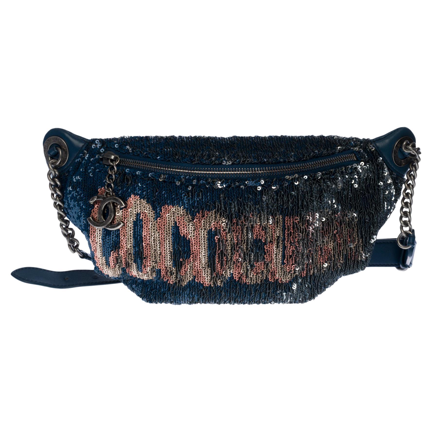 Limited Edition Chanel "CocoCuba" belt bag in blue sequins, silver hardware