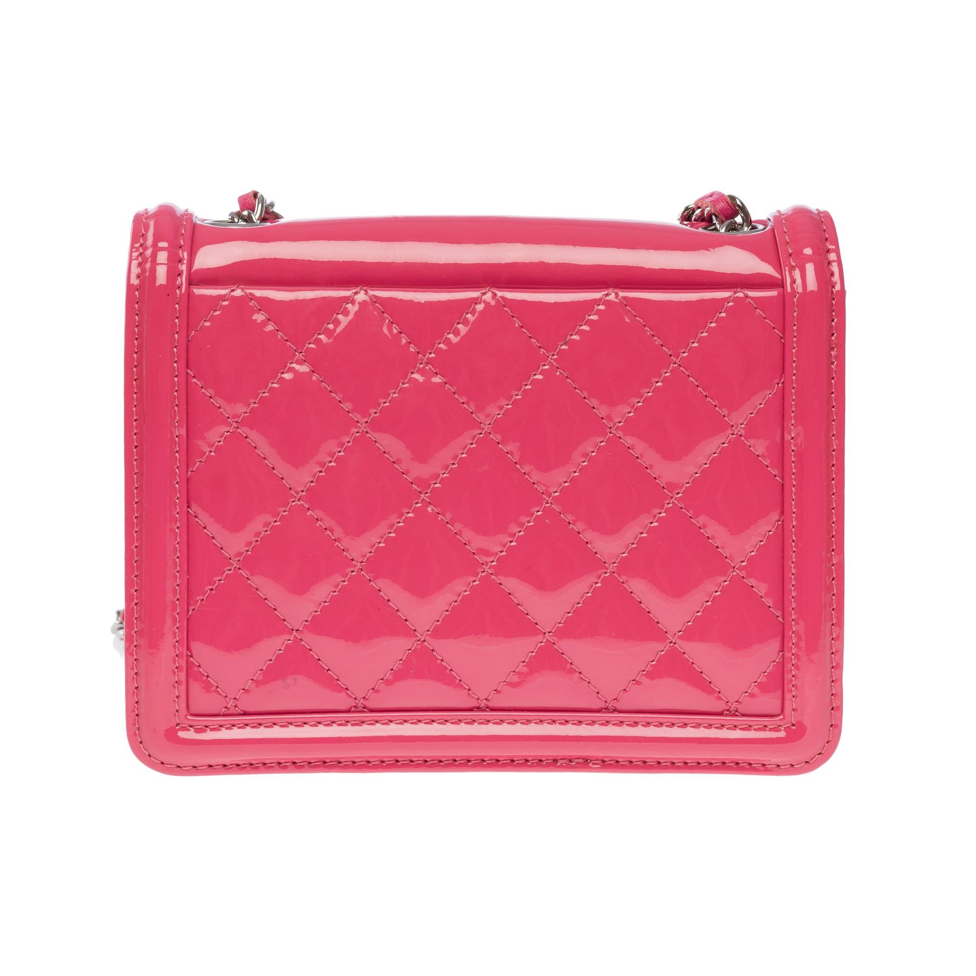 Exceptional & Rare limited edition from the fashion shows S/ S 2014 Chanel Mini shoulder flap bag brick lego neon pink and orange bright pink quilted patent leather with plexiglas plates on the front, Silver-tone metal shoulder strap interlaced with
