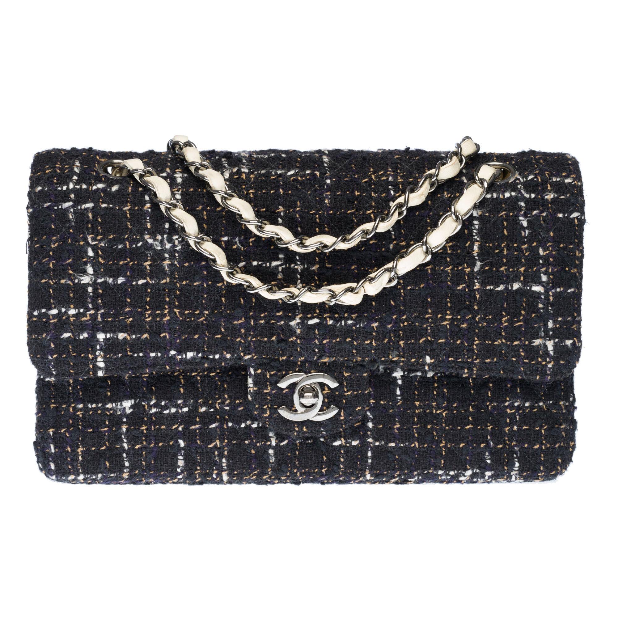 Pre-owned Chanel Medium Classic Double Flap Bag White, Black, and Pink  Tweed Silver Hardware
