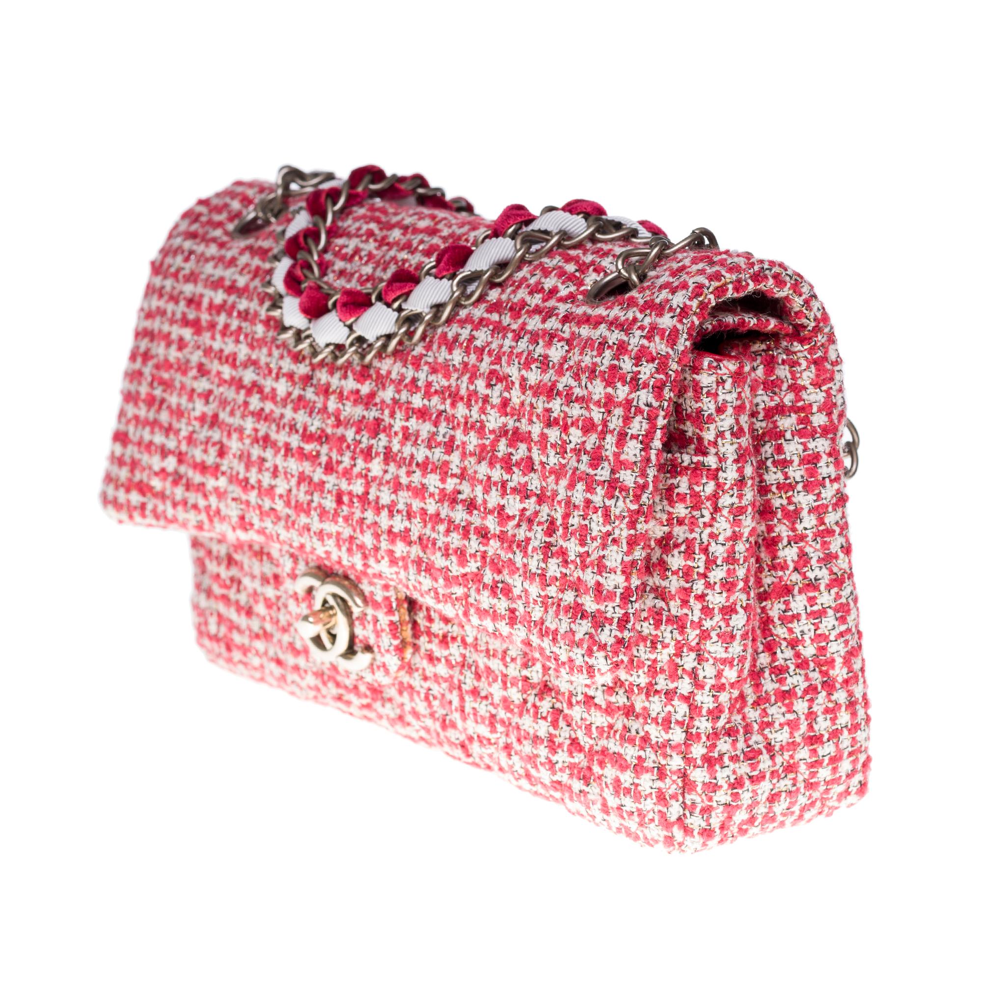 Pink Limited Edition Chanel Timeless Shoulder bag in Red & White Tweed, SHW