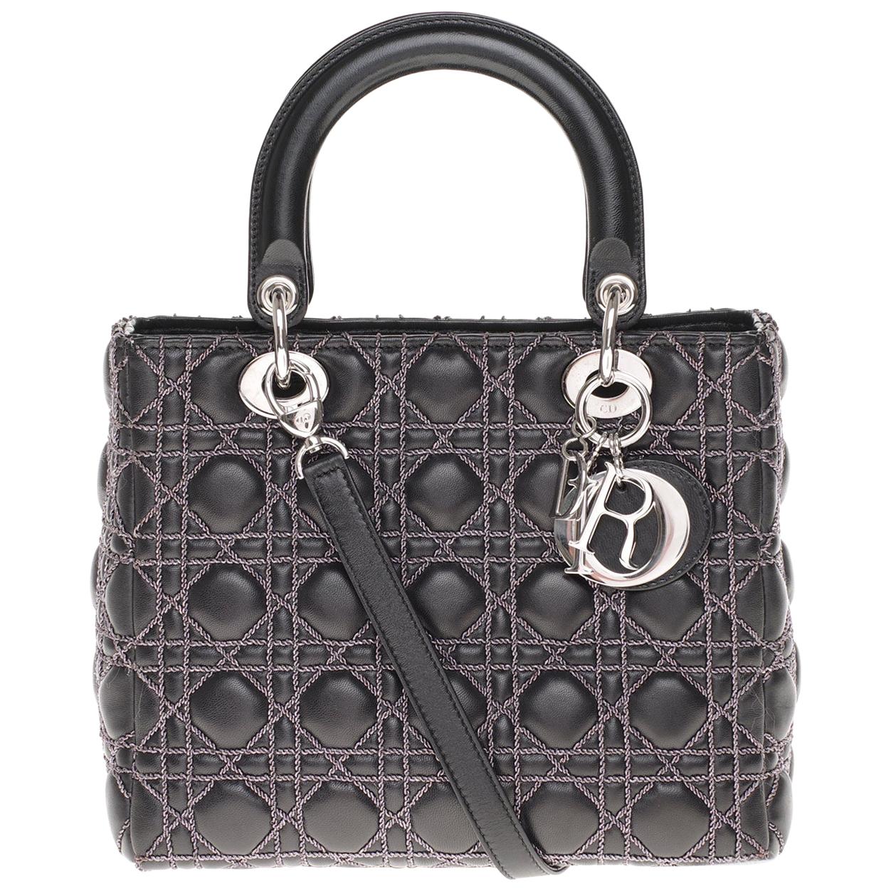  Limited Edition-Christian Dior Lady Dior MM handbag in black cannage leather