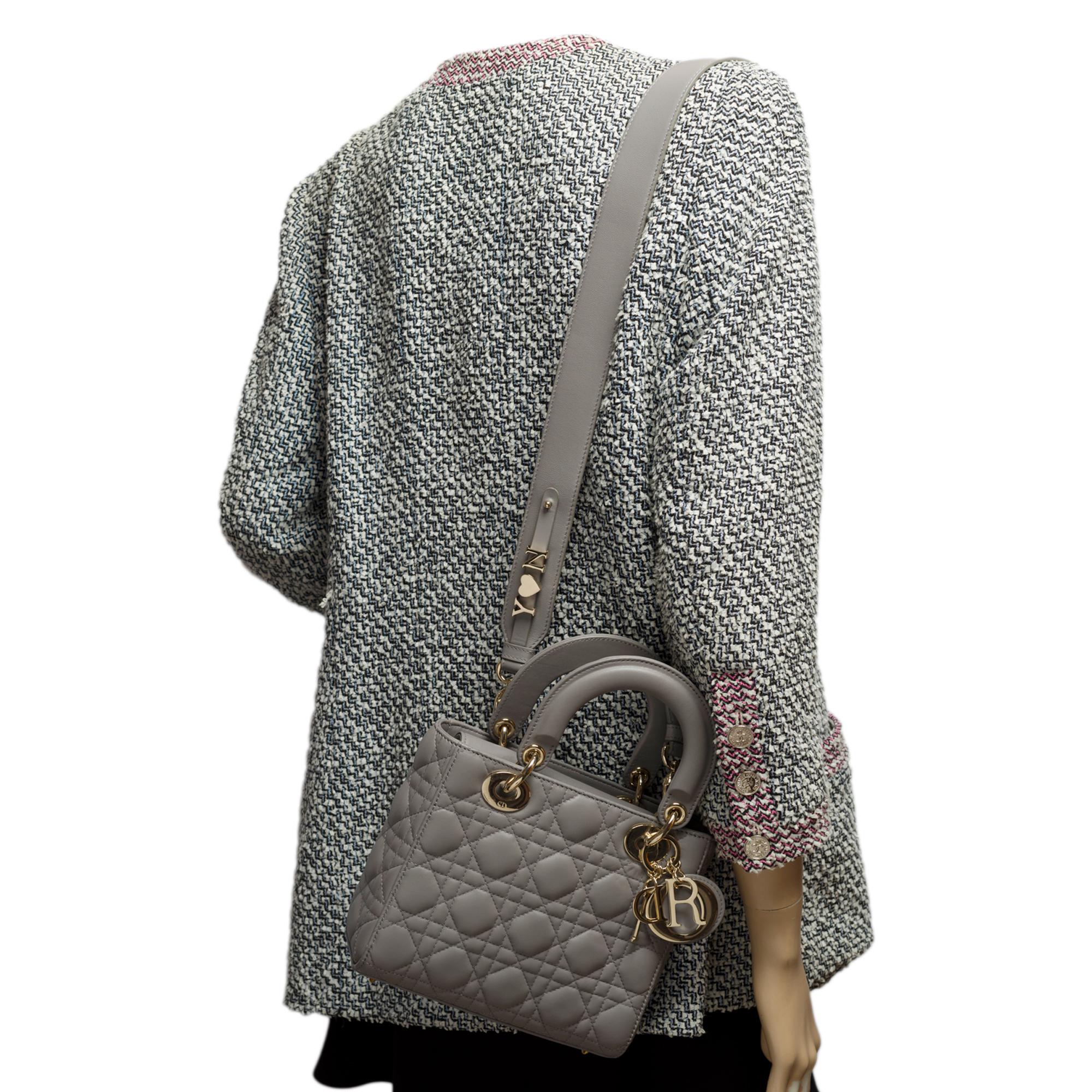 Limited Edition Christian Dior Lady Dior PM strap in grey lambskin leather 6