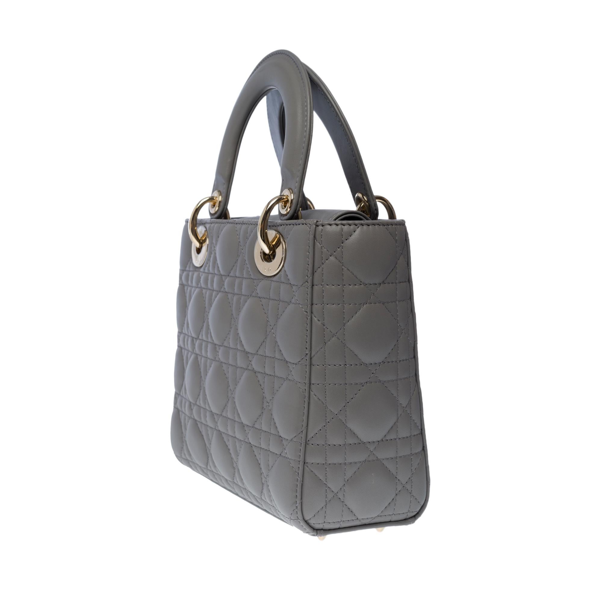 Gray Limited Edition Christian Dior Lady Dior PM strap in grey lambskin leather