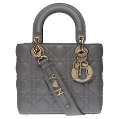 Used Limited Edition Christian Dior Lady Dior PM strap in grey lambskin leather 