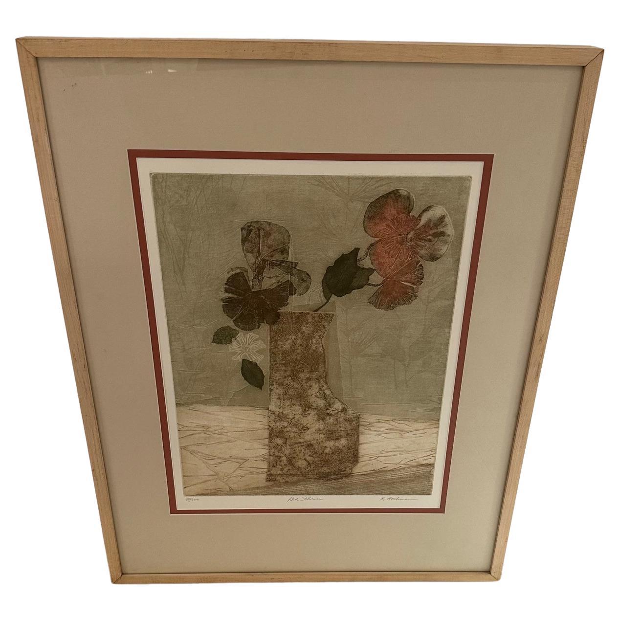 Edición Limitada Grabado Floral Contemporáneo Flor Roja