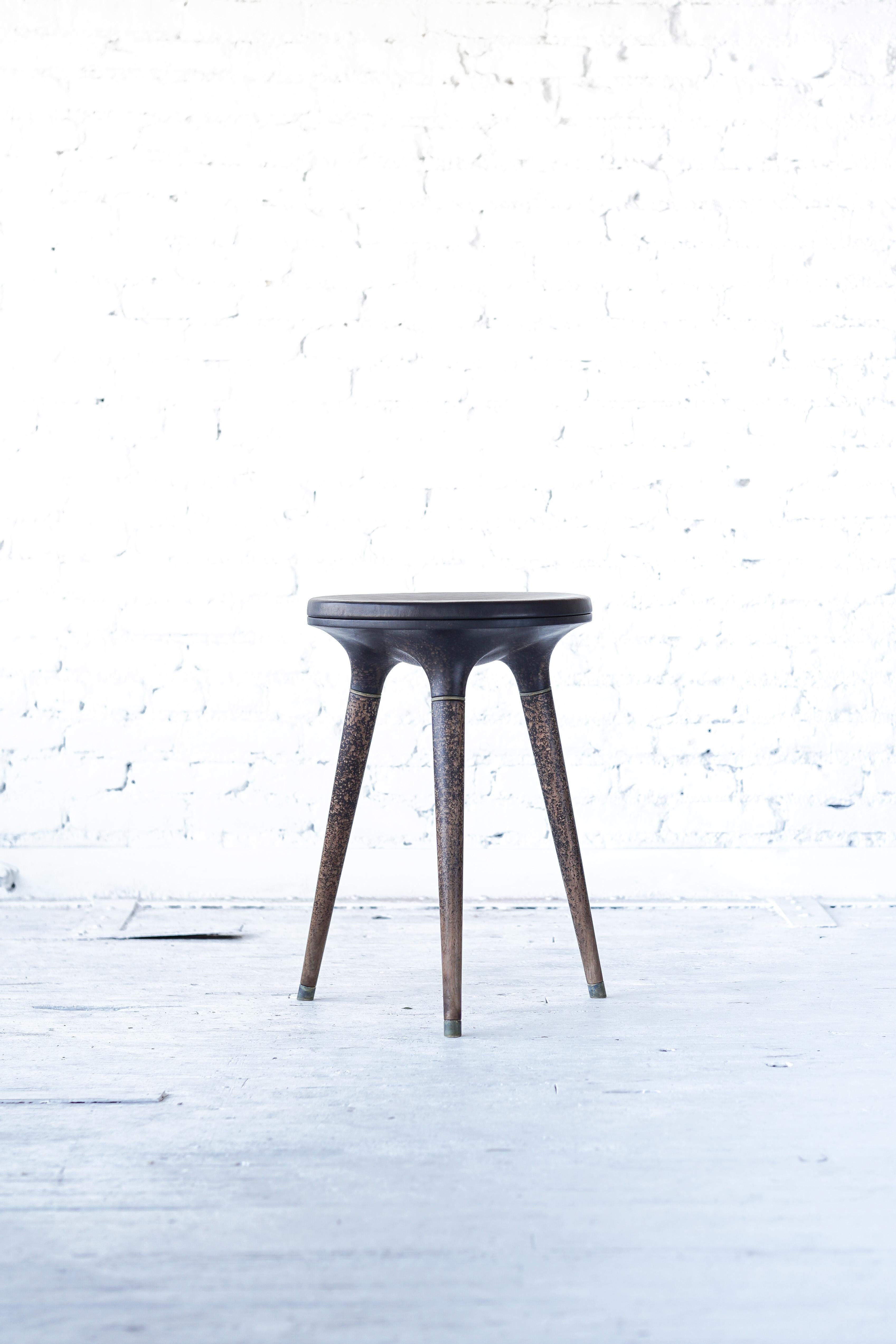 Organic Modern Limited Edition Contemporary Stool in Carved Walnut, Brass and Leather For Sale