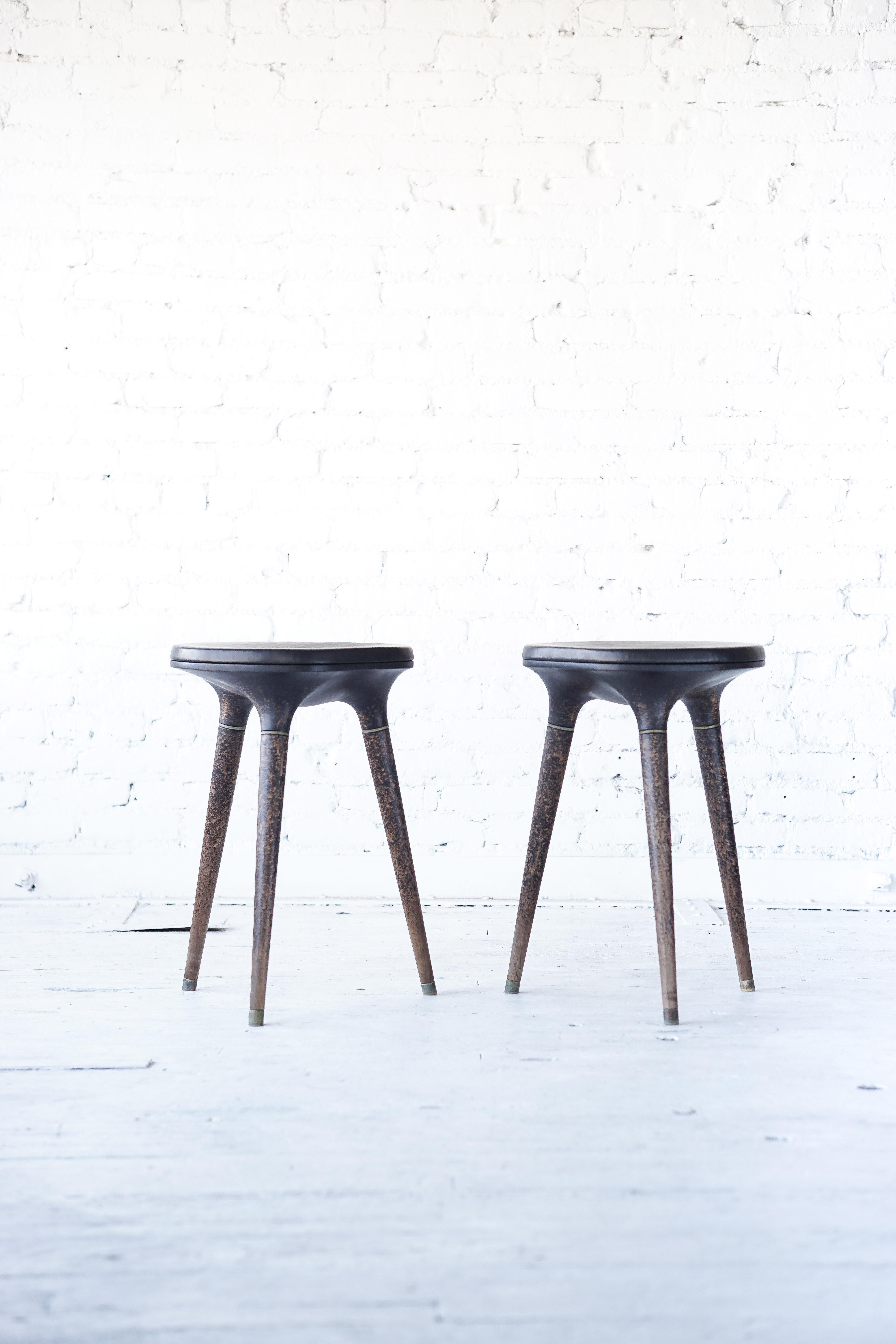 American Limited Edition Contemporary Stool in Carved Walnut, Brass and Leather For Sale