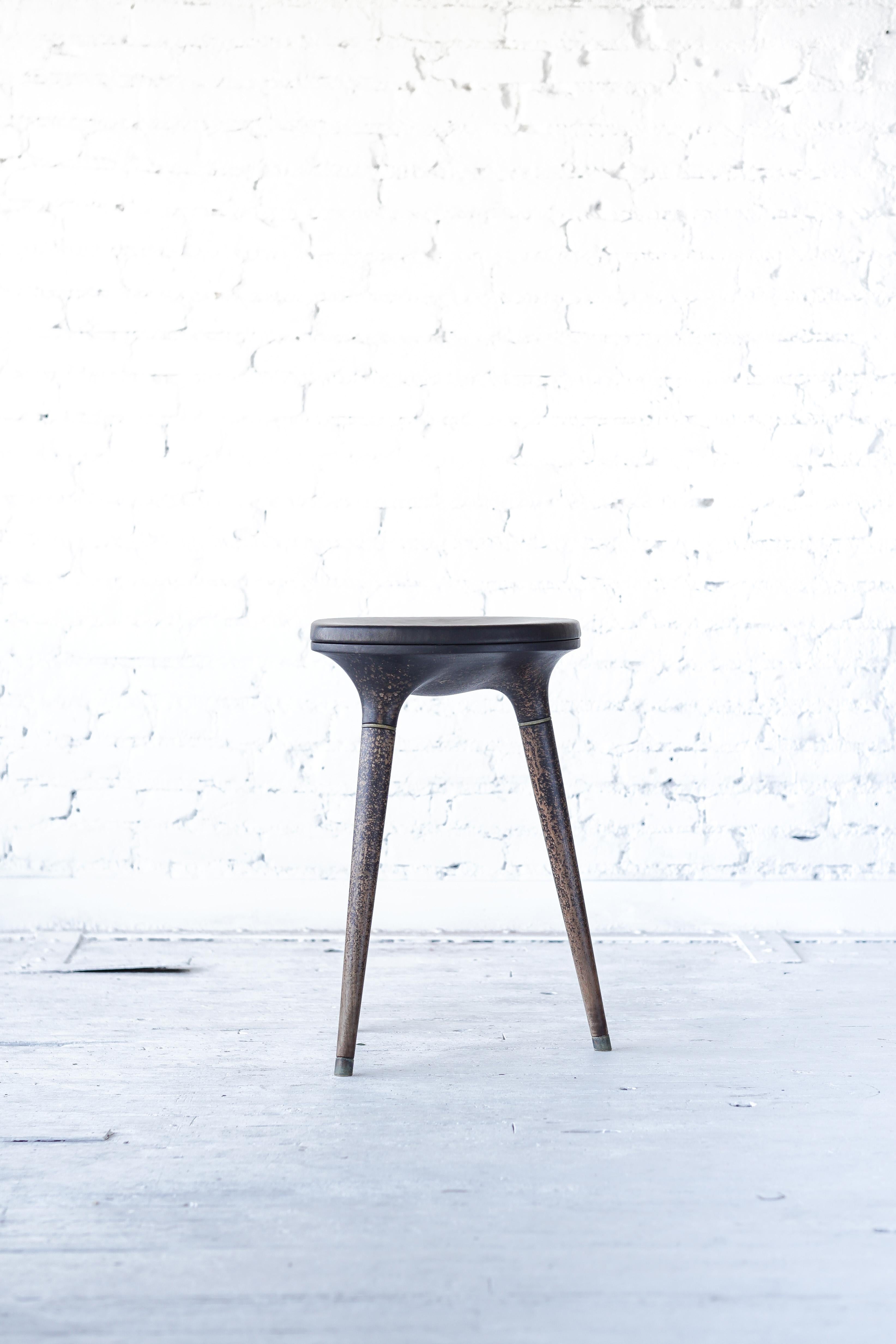 Turned Limited Edition Contemporary Stool in Carved Walnut, Brass and Leather For Sale