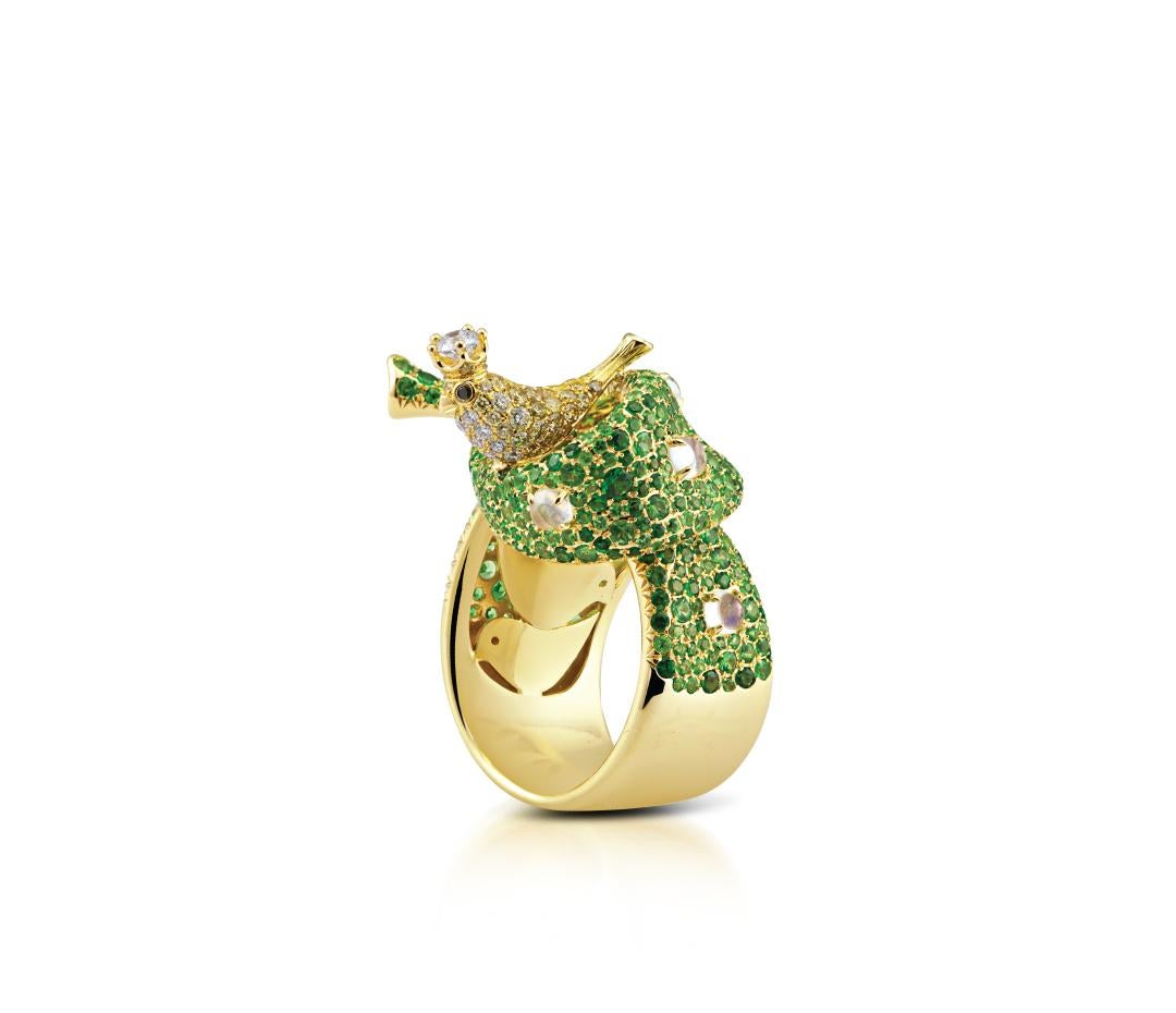 Modern Limited Edition Crowned Magpie Cocktails Ring in Tsavorite, Moonstone & Diamonds