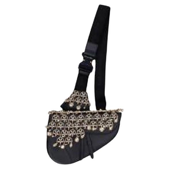Dior Limited Edition Crystal Embellished Black Leather Saddle Bag For Sale