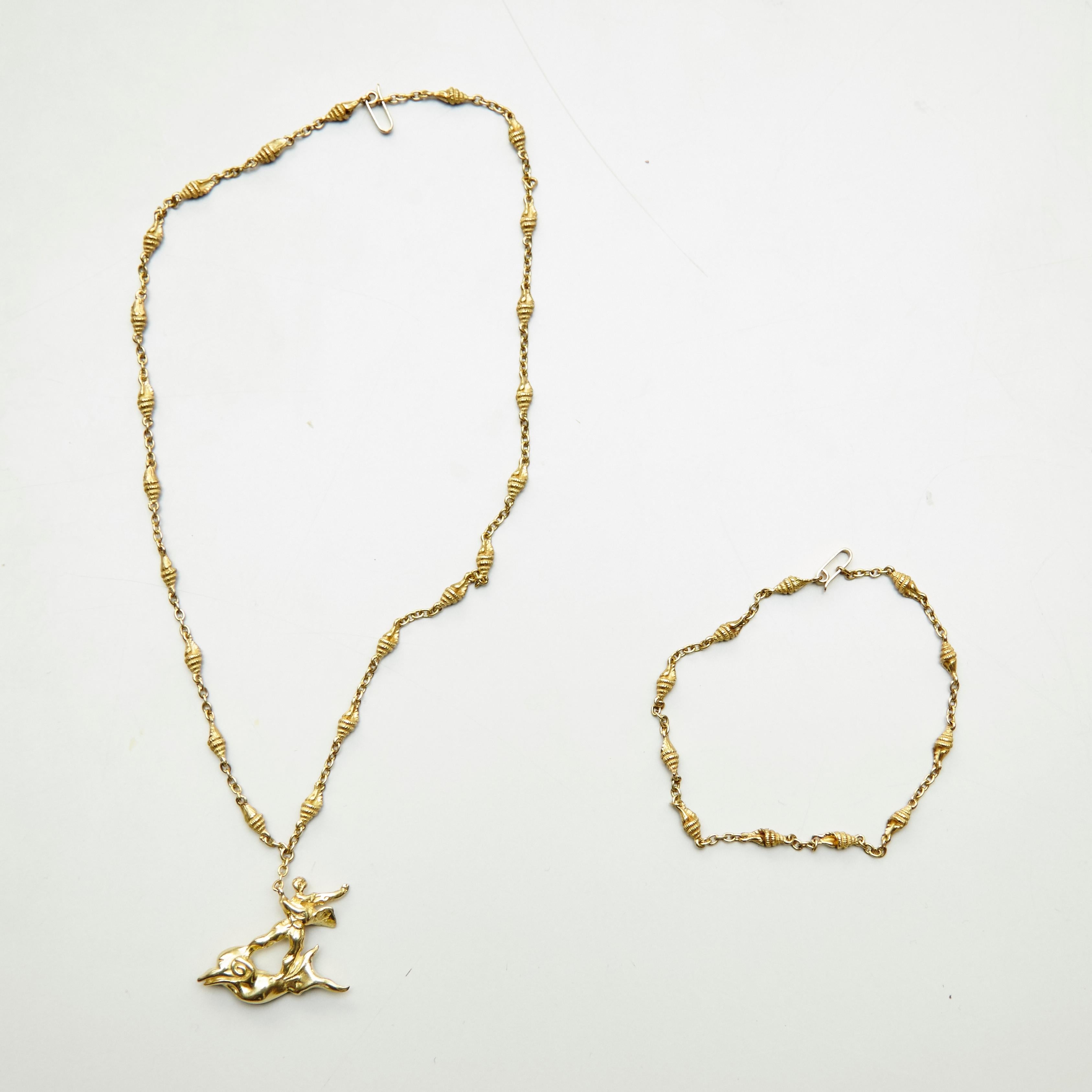 Late 20th Century Limited Edition Dalí Gold Necklace and Bracelet 'The Man and the Dolphin'