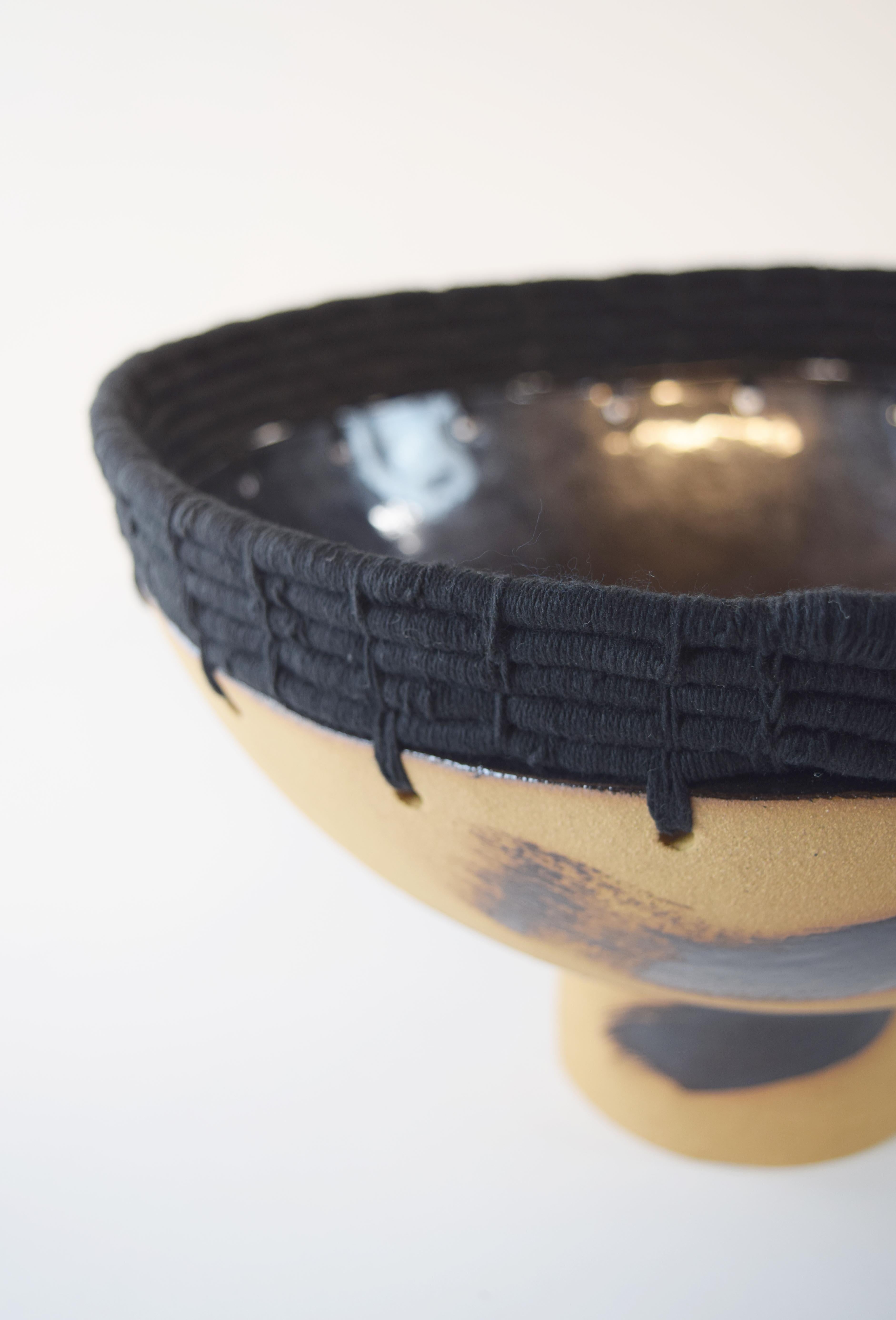 Organic Modern Limited Edition Ceramic Bowl #608, Black Hand Painted Glaze & Black Weaving